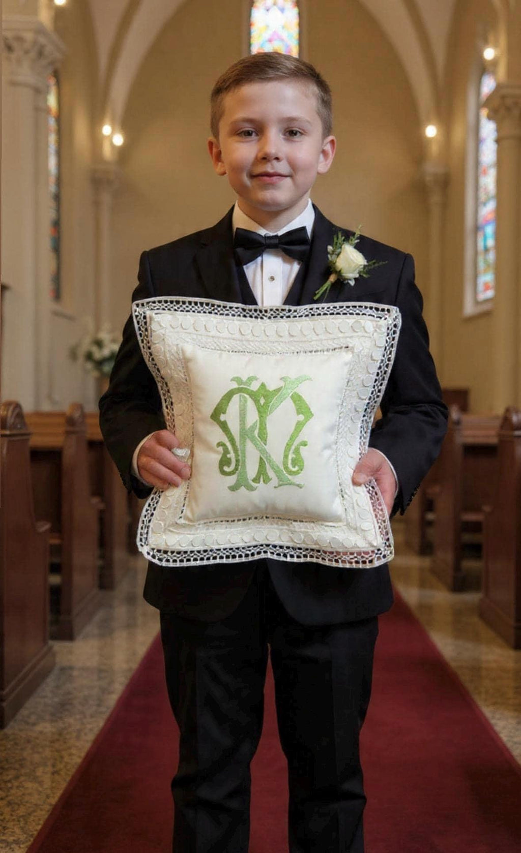Monogrammed Linen Ring Bearer Pillow, White Lace Wedding Decor