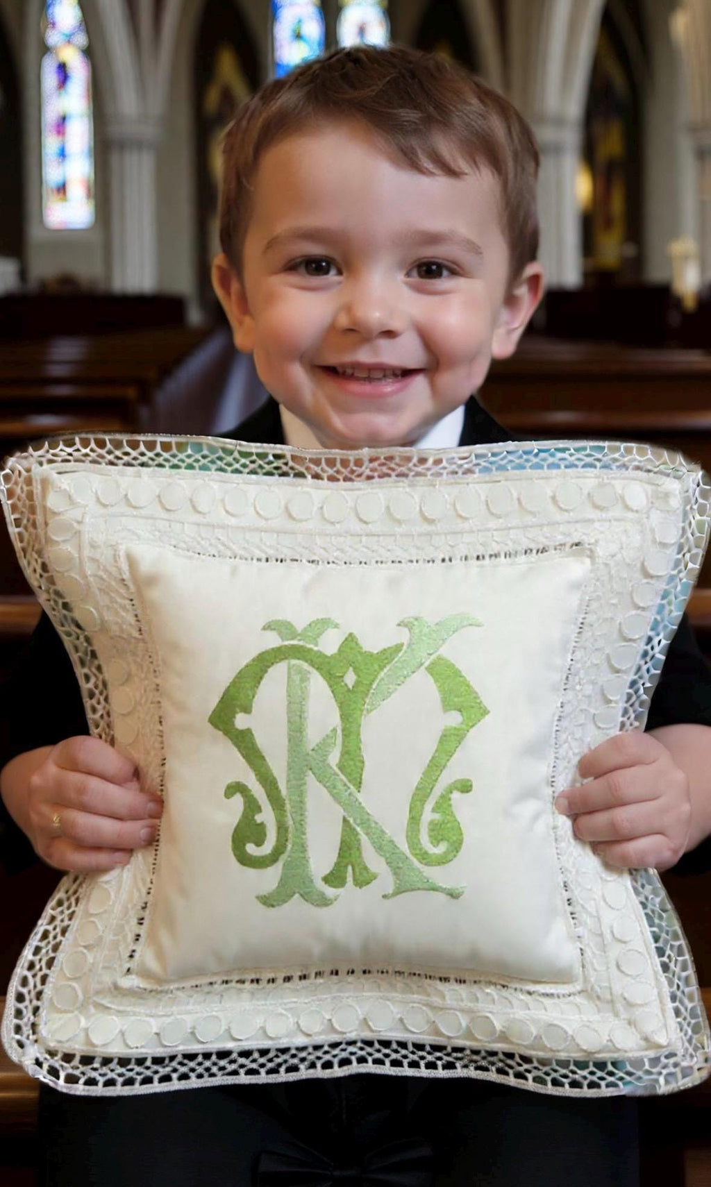 Monogrammed Linen Ring Bearer Pillow, White Lace Wedding Decor