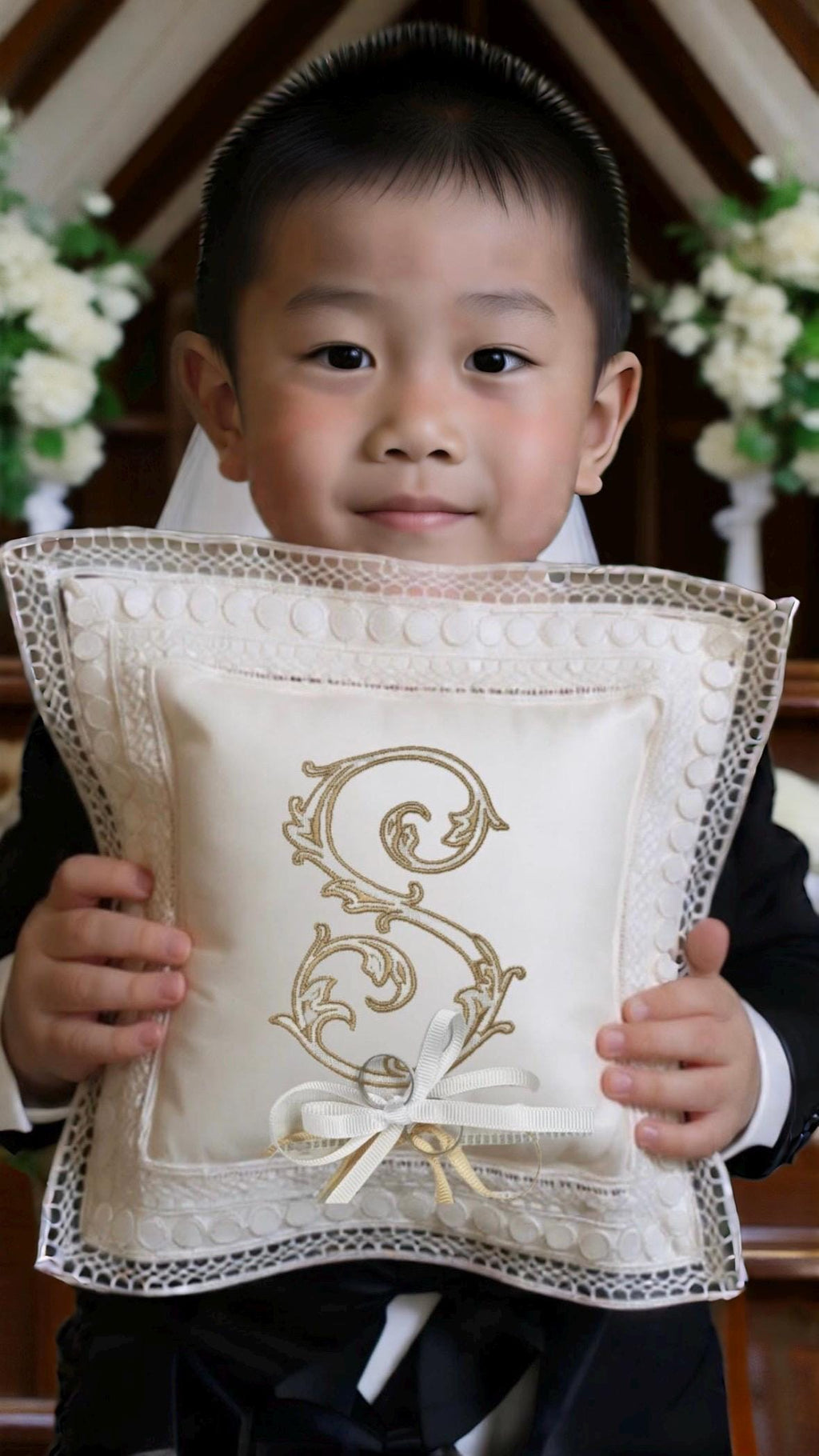 Monogrammed Linen Ring Bearer Pillow, White Lace Wedding Decor