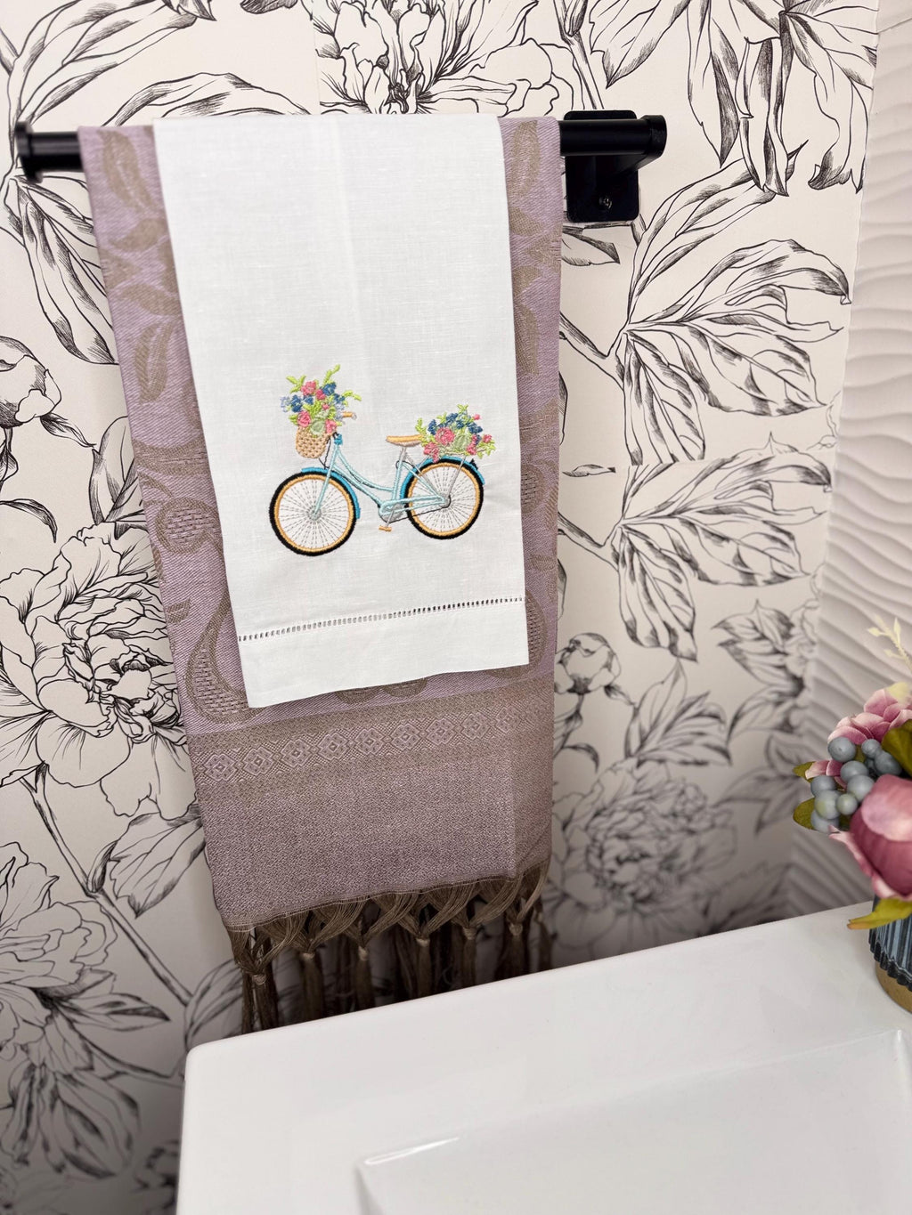 Bicycle & floral basket embroidered towel Personalized towel embroidered girls bike and flower basket towel bathroom decor unique gifts
