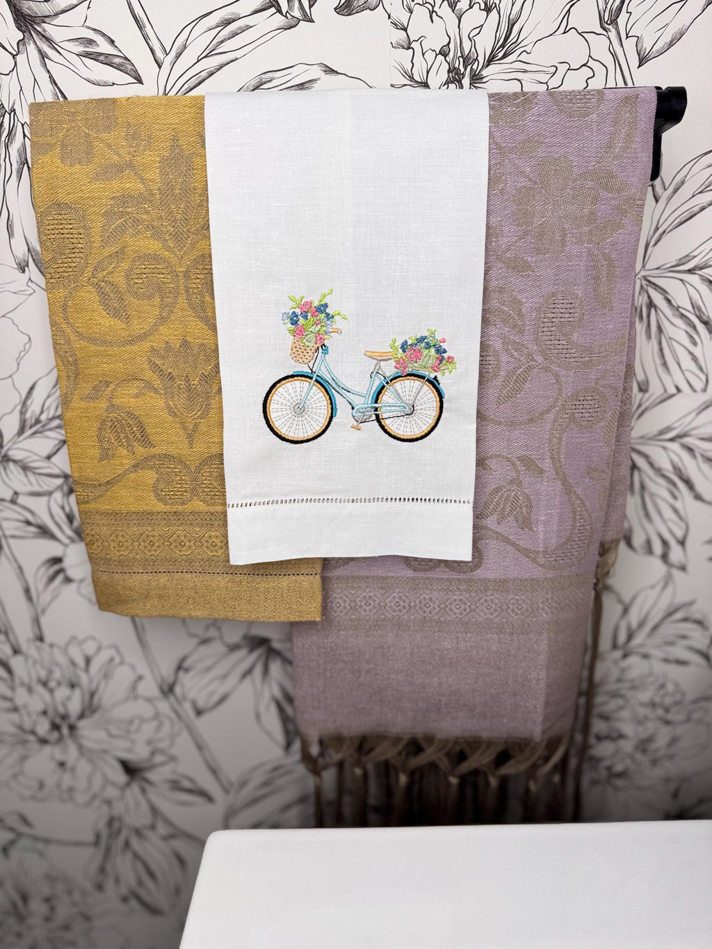 Bicycle & floral basket embroidered towel Personalized towel embroidered girls bike and flower basket towel bathroom decor unique gifts