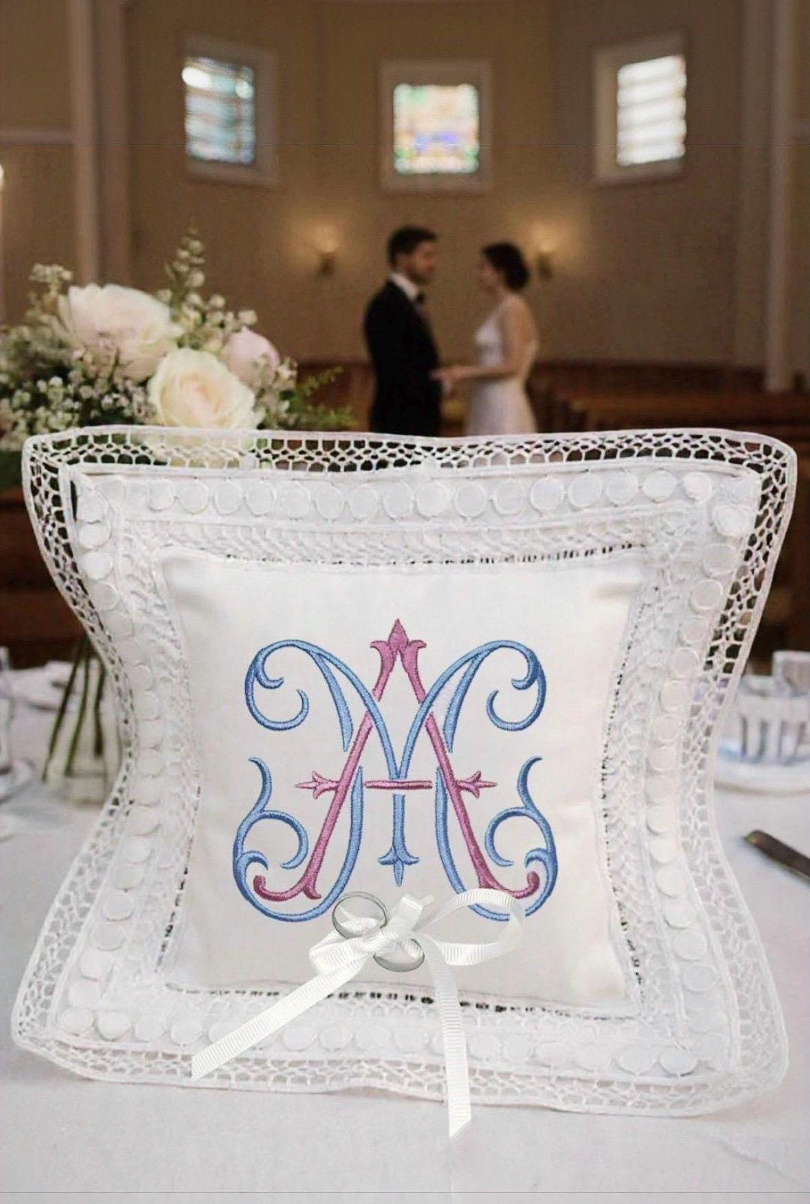 Monogrammed Linen Ring Bearer Pillow, White Lace Wedding Decor