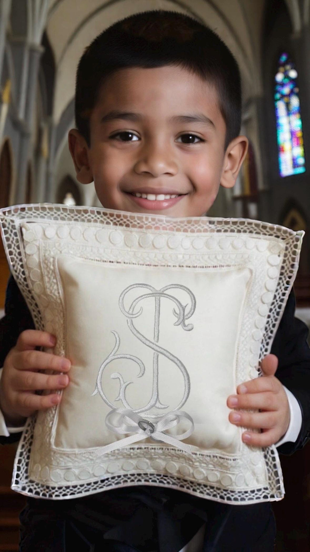 Monogrammed Linen Ring Bearer Pillow, White Lace Wedding Decor