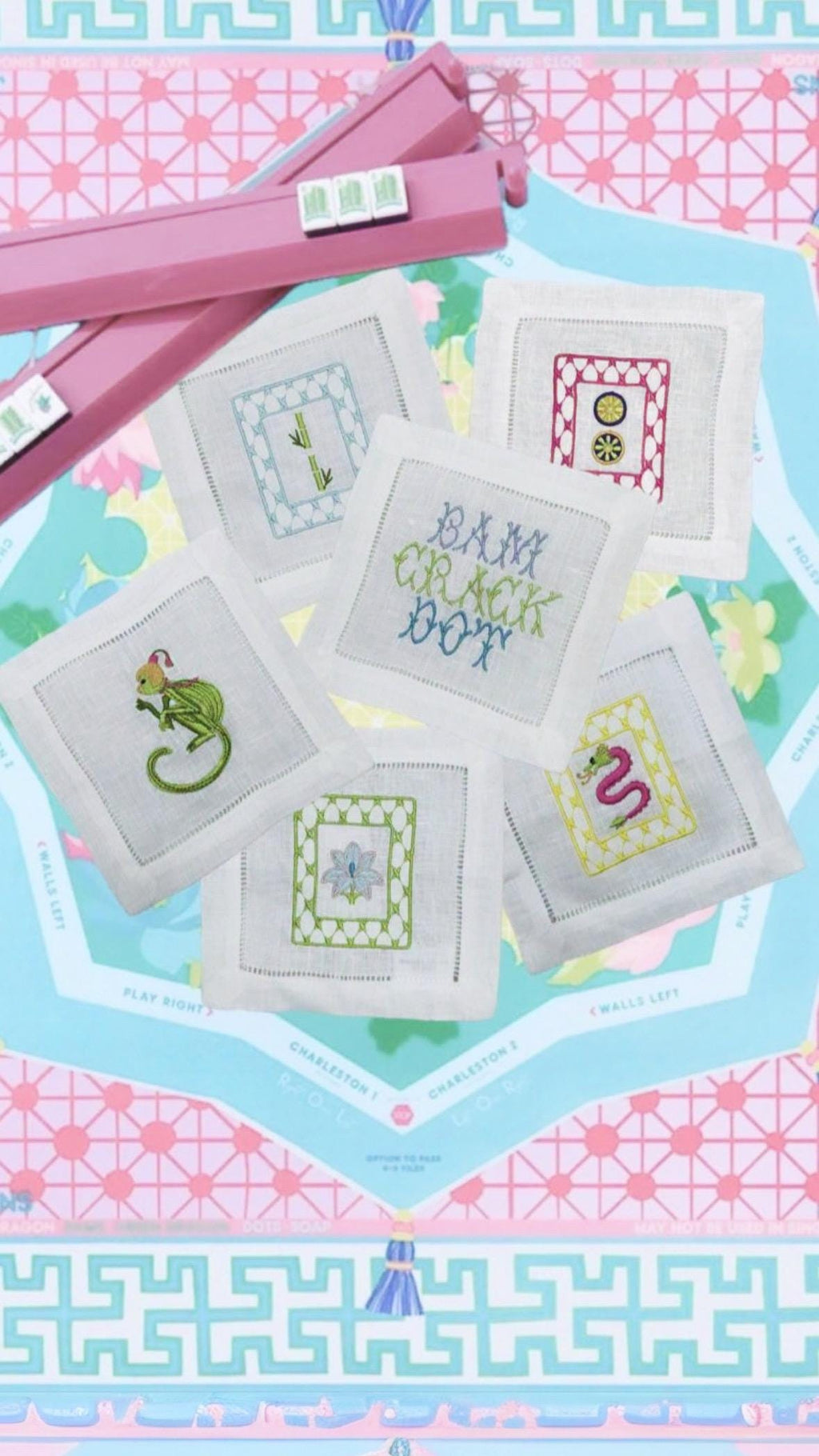 Mahjong tiles embroidered Cocktail Napkins Hand towels personalized Coasters host gift brodées Serviette en lin Aperitivo coasters