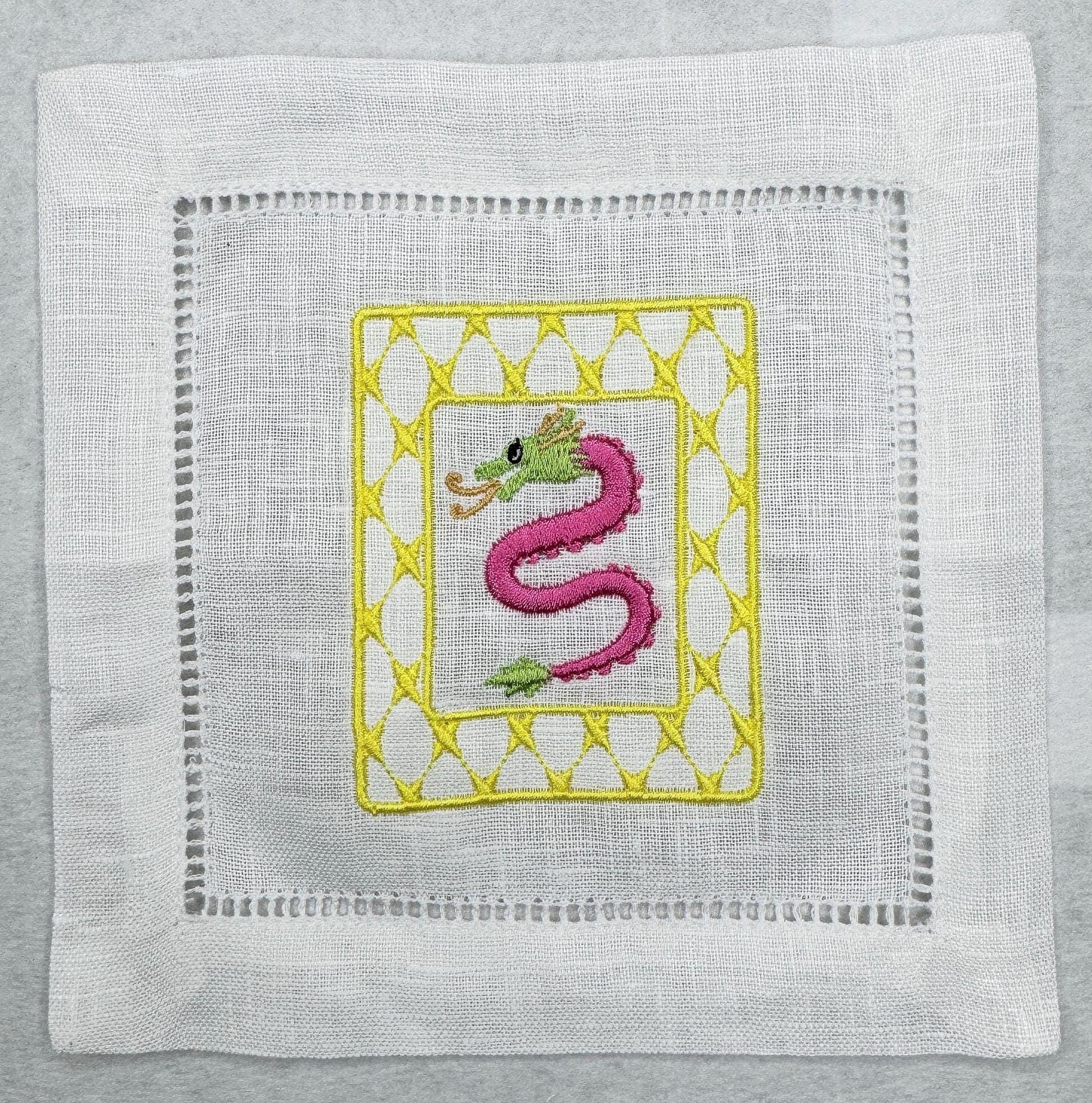 Mahjong tiles embroidered Cocktail Napkins Hand towels personalized Coasters host gift brodées Serviette en lin Aperitivo coasters