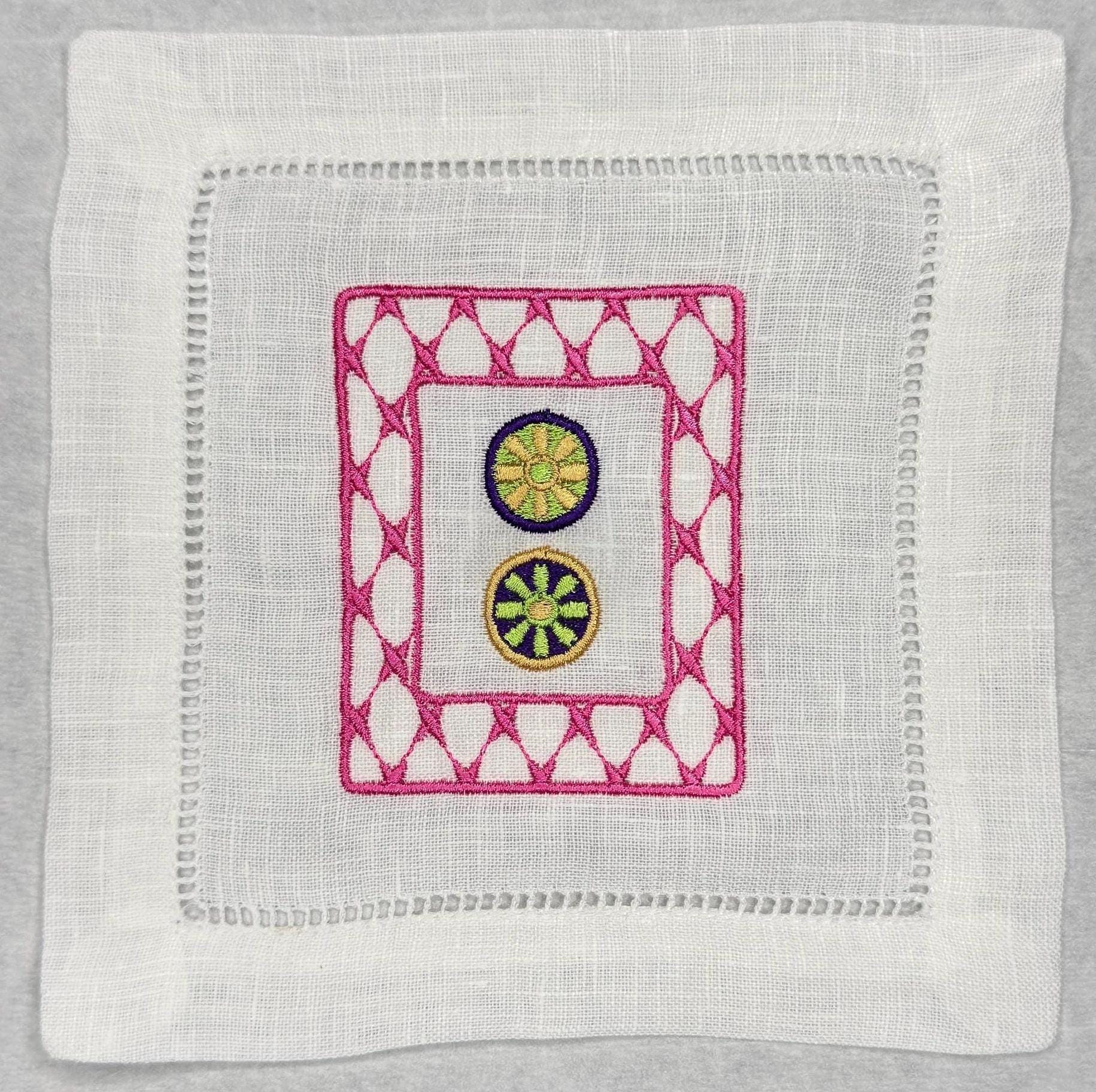 Mahjong tiles embroidered Cocktail Napkins Hand towels personalized Coasters host gift brodées Serviette en lin Aperitivo coasters