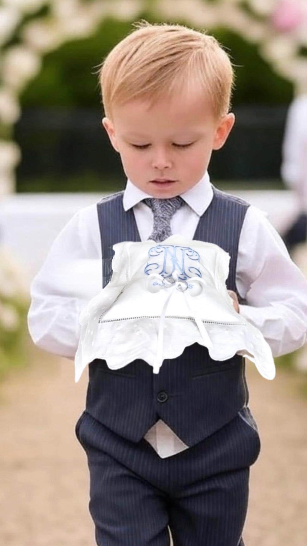 Personalized ring bearer pillow white linen embroidered initials Monogrammed wedding ring pillow ring cushion Custom ring bearer pillow