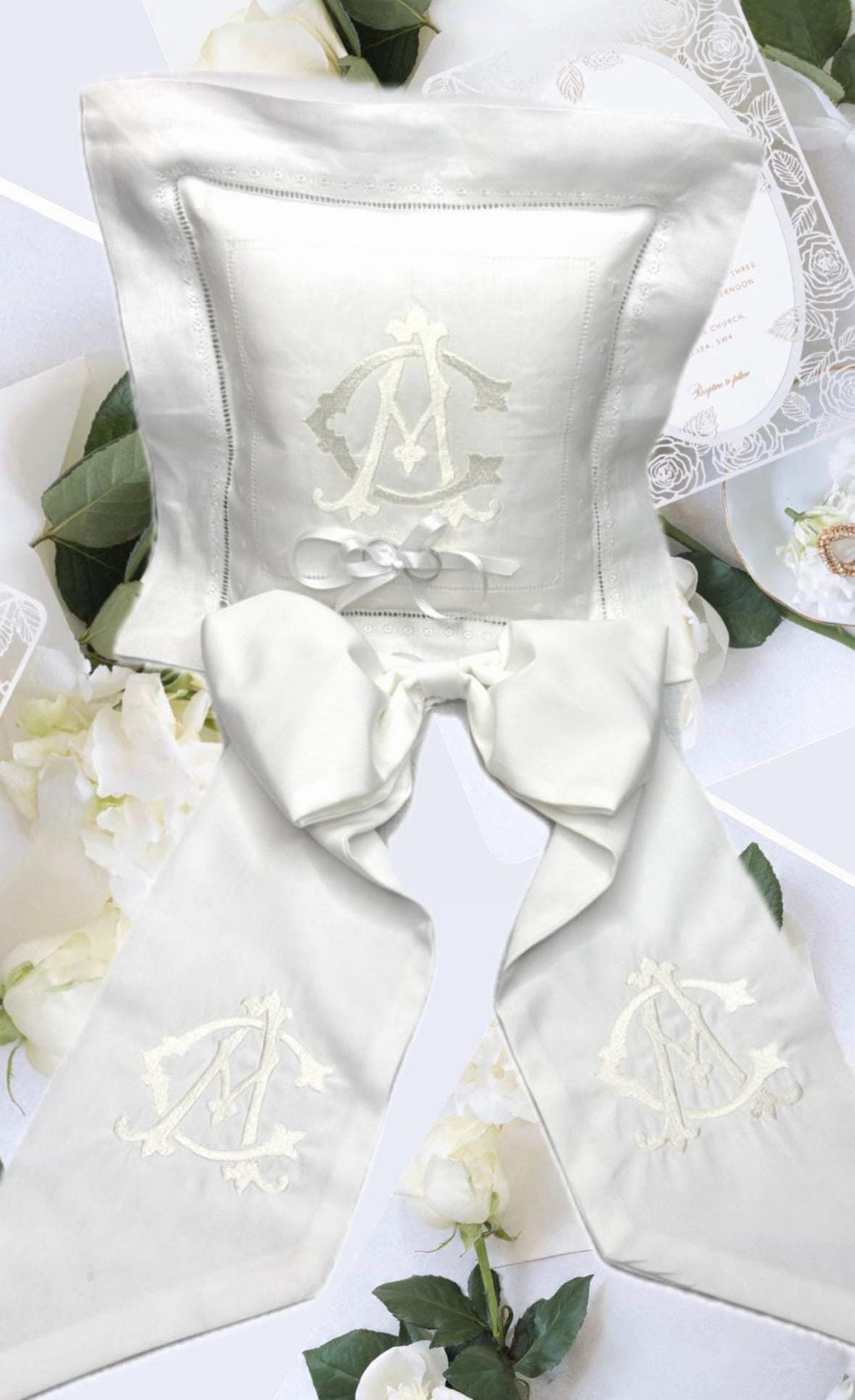 Ring Bearer personalized linen hemstitched white pillow embroidered Monogrammed Ring Bearer Pillow embroidered initials bridal decor Wedding