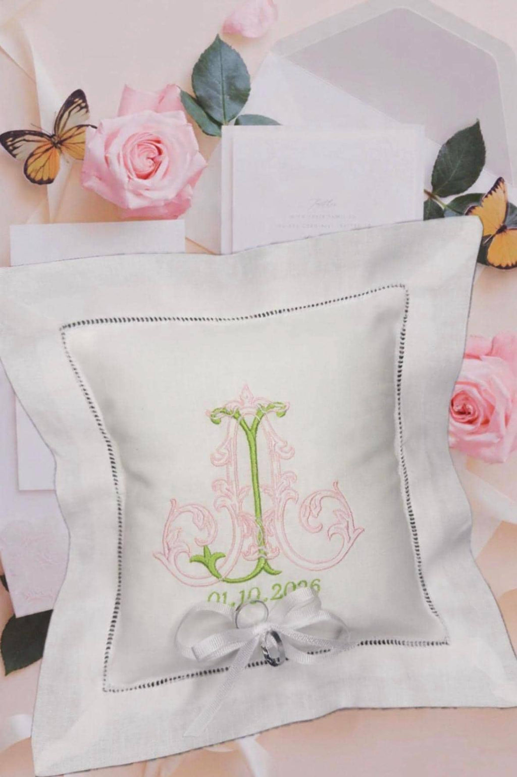 Ring Bearer personalized linen hemstitched white pillow embroidered Monogrammed Ring Bearer Pillow embroidered initials bridal decor Wedding