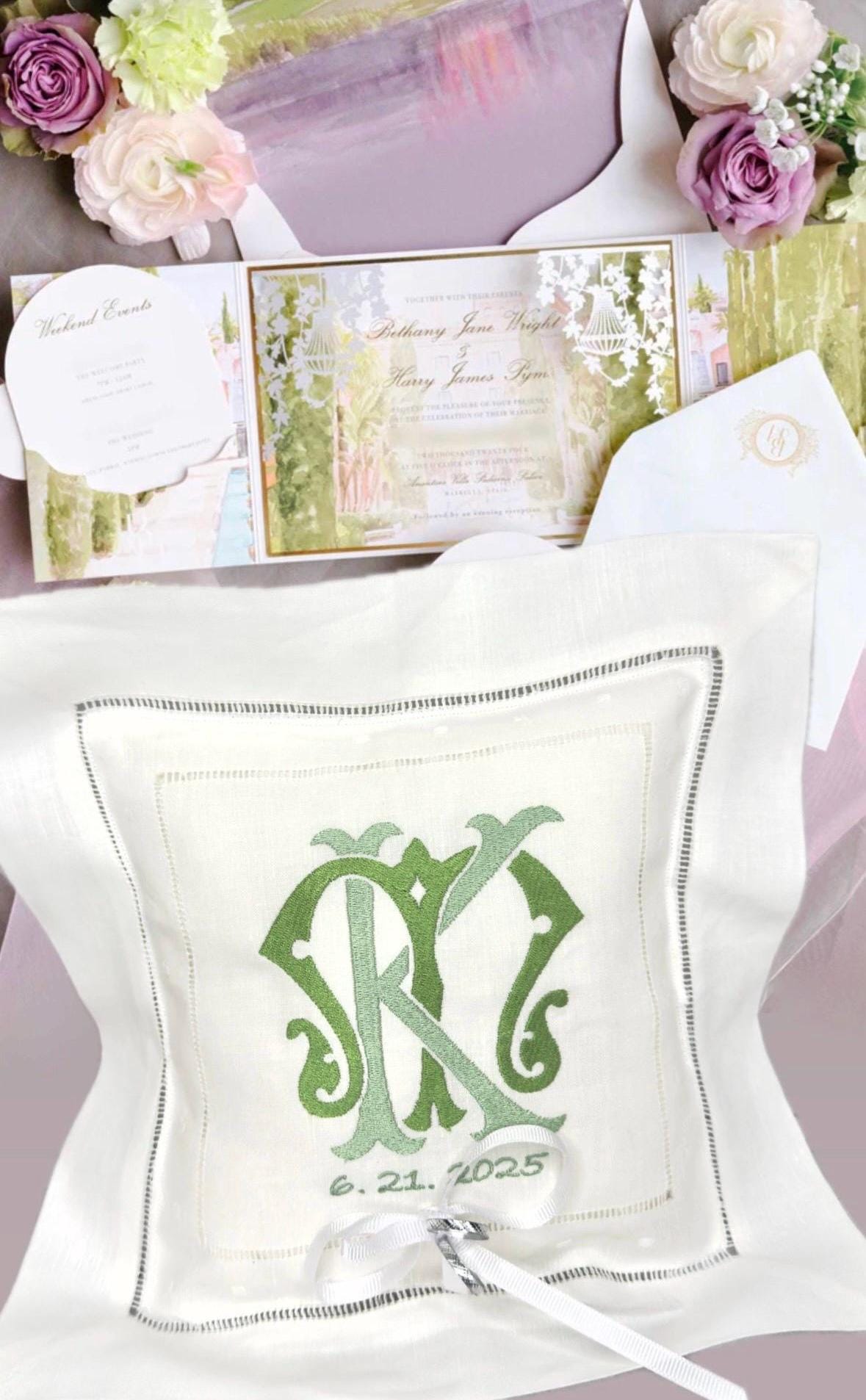 Ring Bearer personalized linen hemstitched white pillow embroidered Monogrammed Ring Bearer Pillow embroidered initials bridal decor Wedding