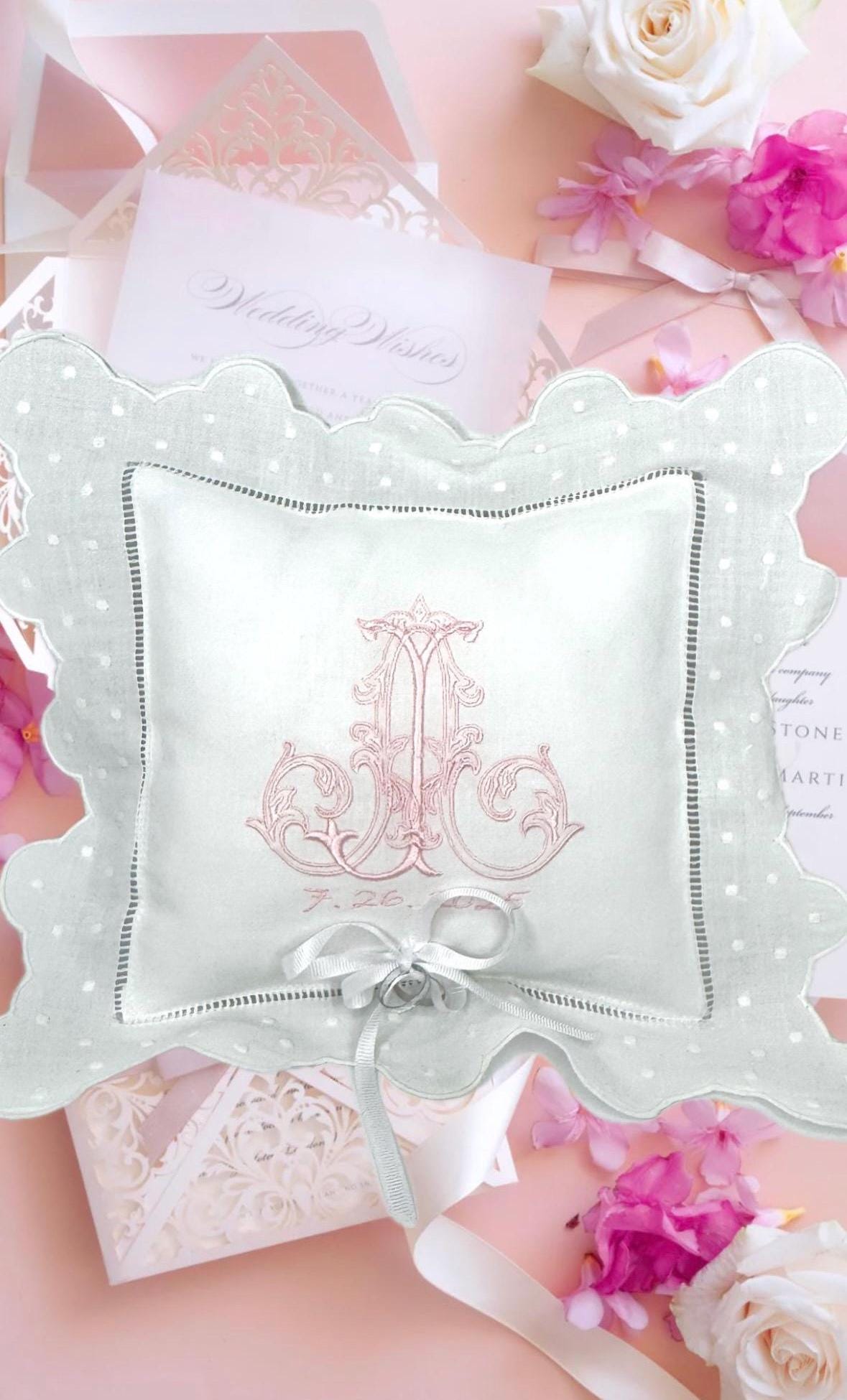 Personalized ring bearer pillow white linen embroidered initials Monogrammed wedding ring pillow ring cushion Custom ring bearer pillow
