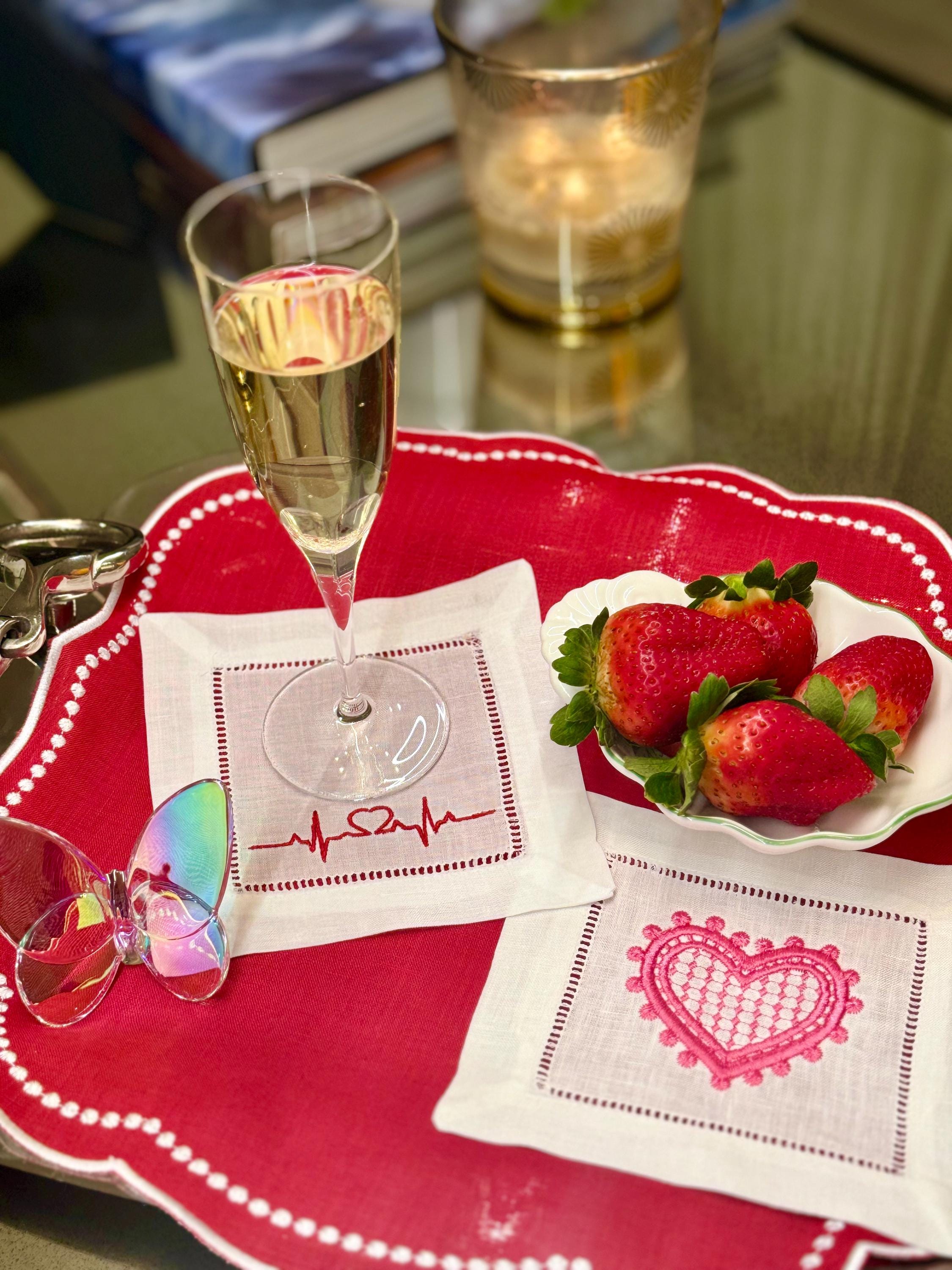 Valentine's Cocktail Napkins, Heart embroidered Cocktail Napkins, love coasters dinner napkins Valentine's Day Heart Napkins