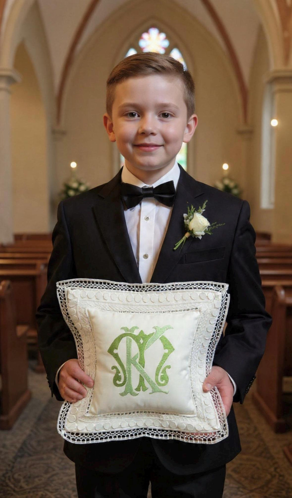 Monogrammed Linen Ring Bearer Pillow, White Lace Wedding Decor