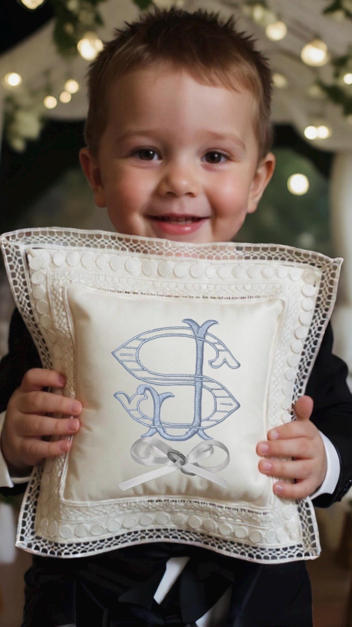 Monogrammed Linen Ring Bearer Pillow, White Lace Wedding Decor