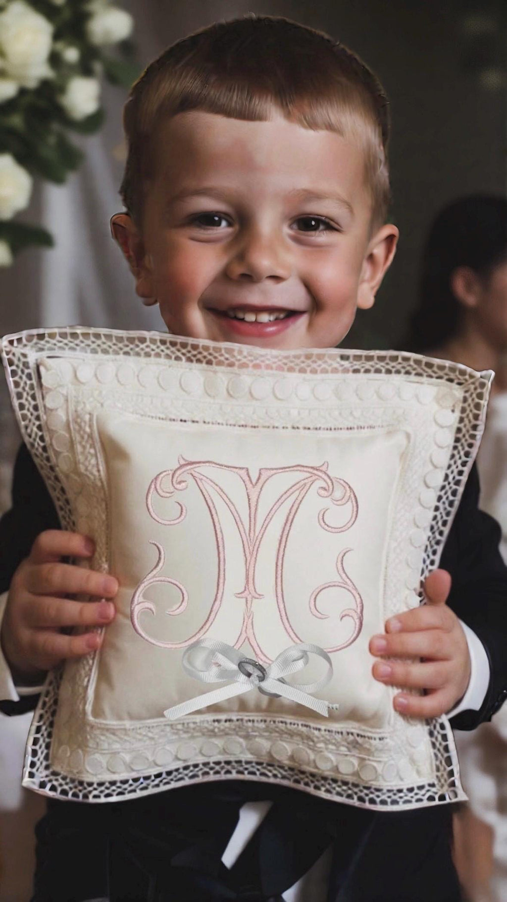 Monogrammed Linen Ring Bearer Pillow, White Lace Wedding Decor