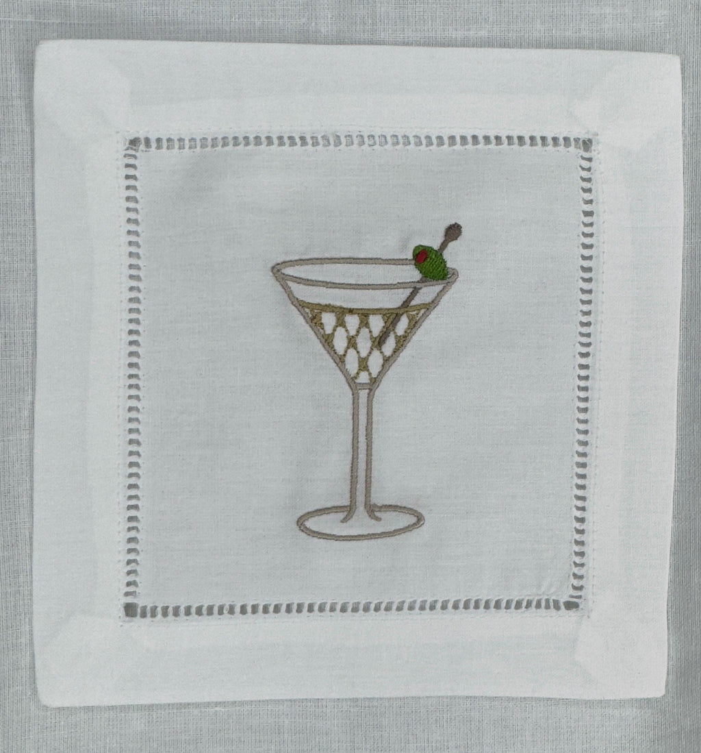 Embroidered Linen Cocktail Napkins: Aperitivo Drink Coasters