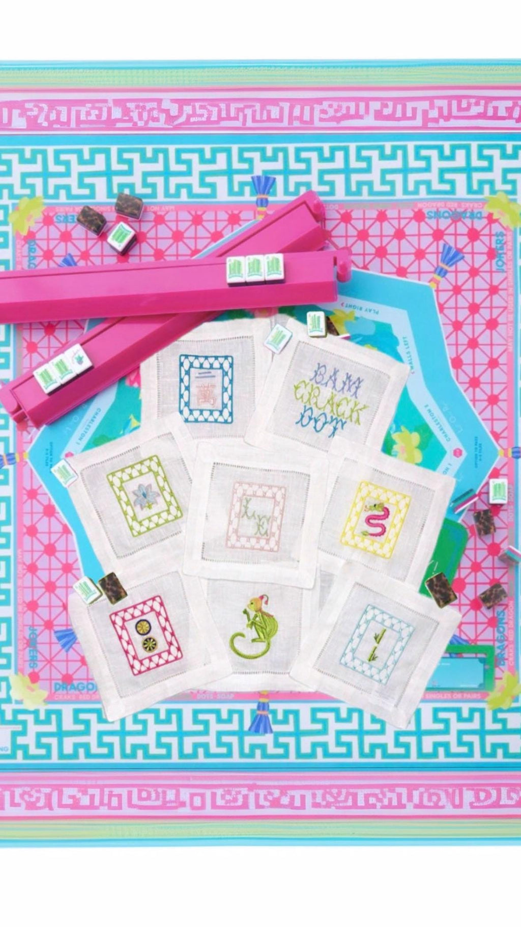 Mahjong tiles embroidered Cocktail Napkins Hand towels personalized Coasters host gift brodées Serviette en lin Aperitivo coasters
