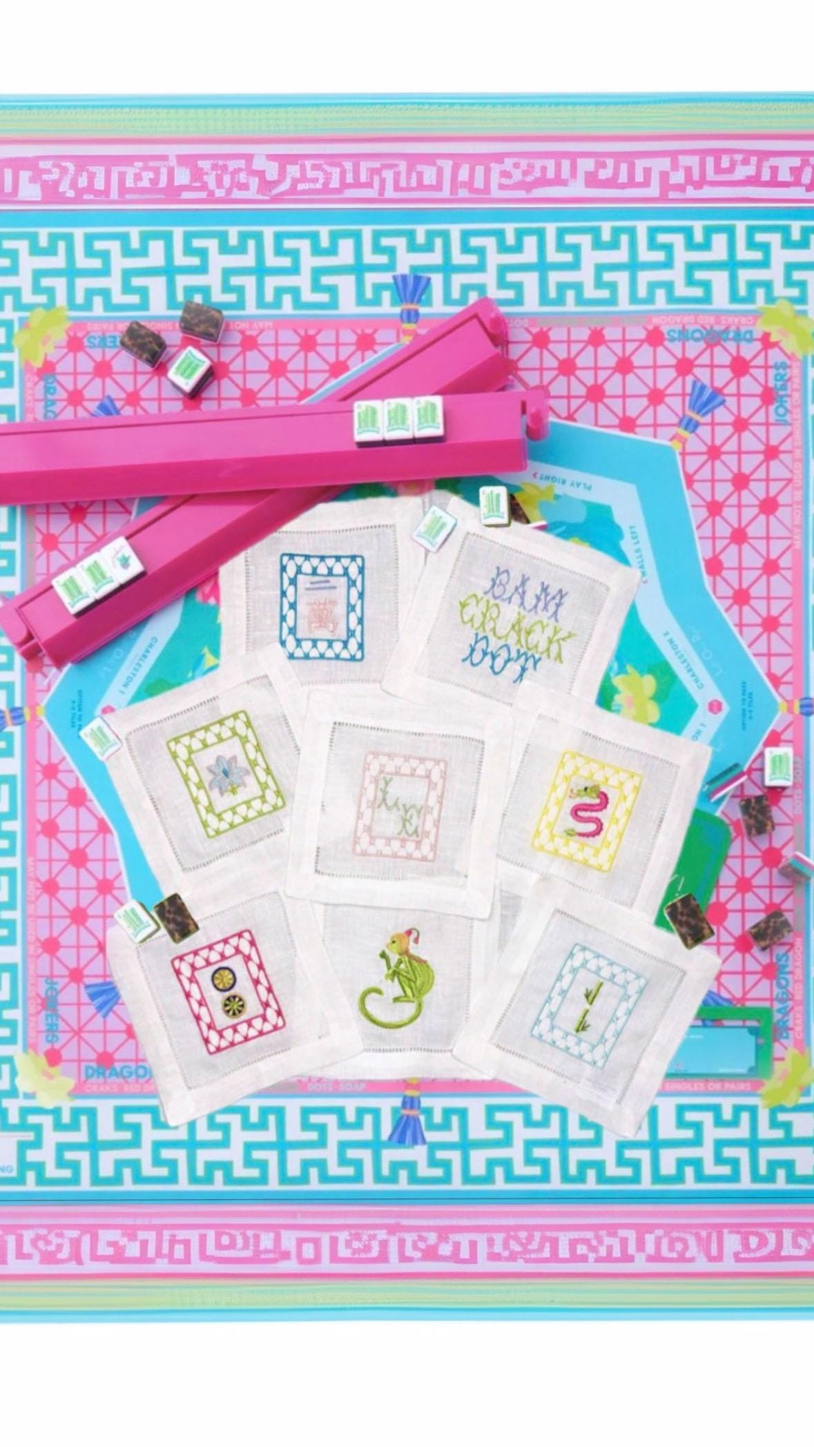 Mahjong tiles embroidered Cocktail Napkins Hand towels personalized Coasters host gift brodées Serviette en lin Aperitivo coasters