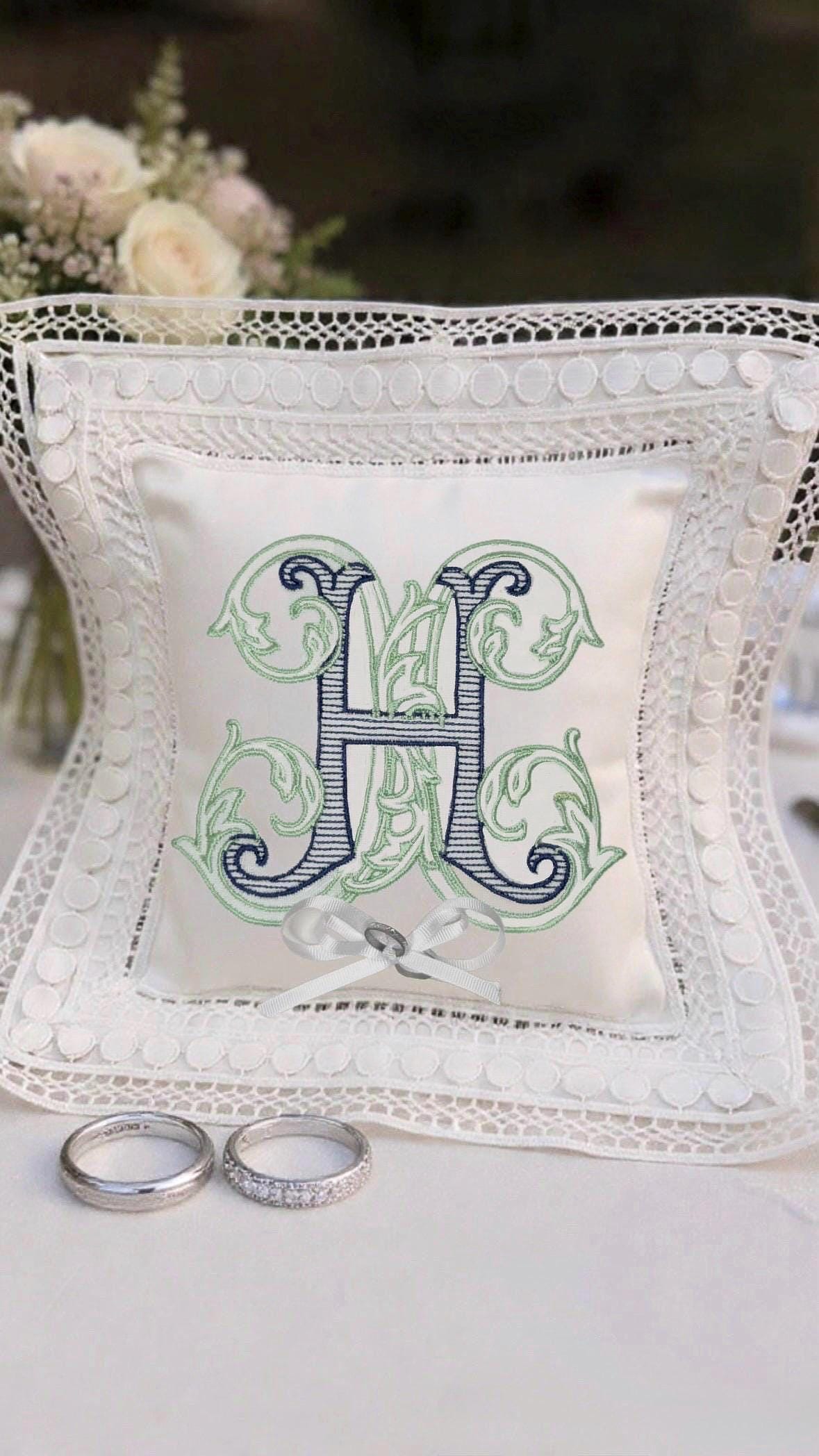 Monogrammed Linen Ring Bearer Pillow, White Lace Wedding Decor