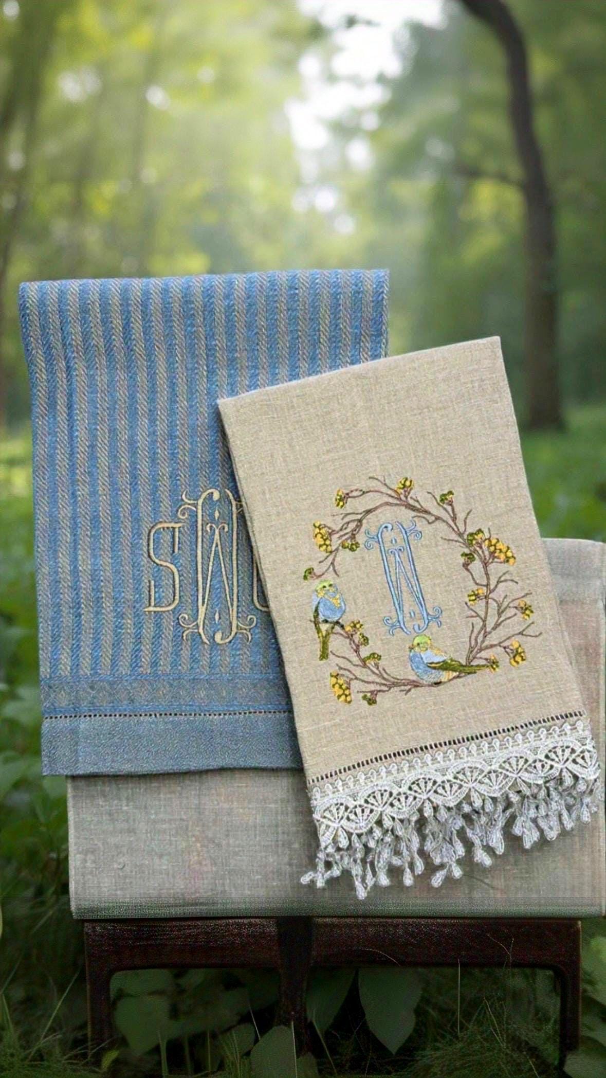 Bird on branch wreath embroidered towel Personalized monogrammed finger towel embroidered bird on branch bathroom decor unique gifts