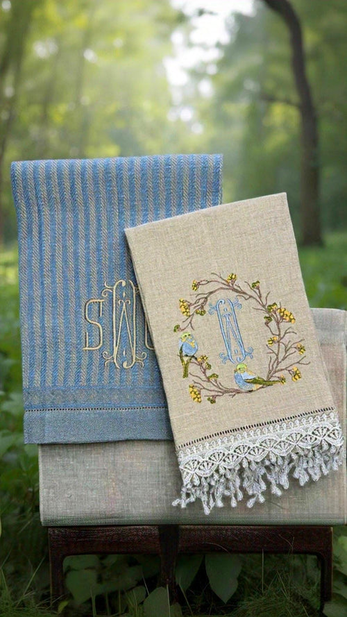 Bird on branch wreath embroidered towel Personalized monogrammed finger towel embroidered bird on branch bathroom decor unique gifts