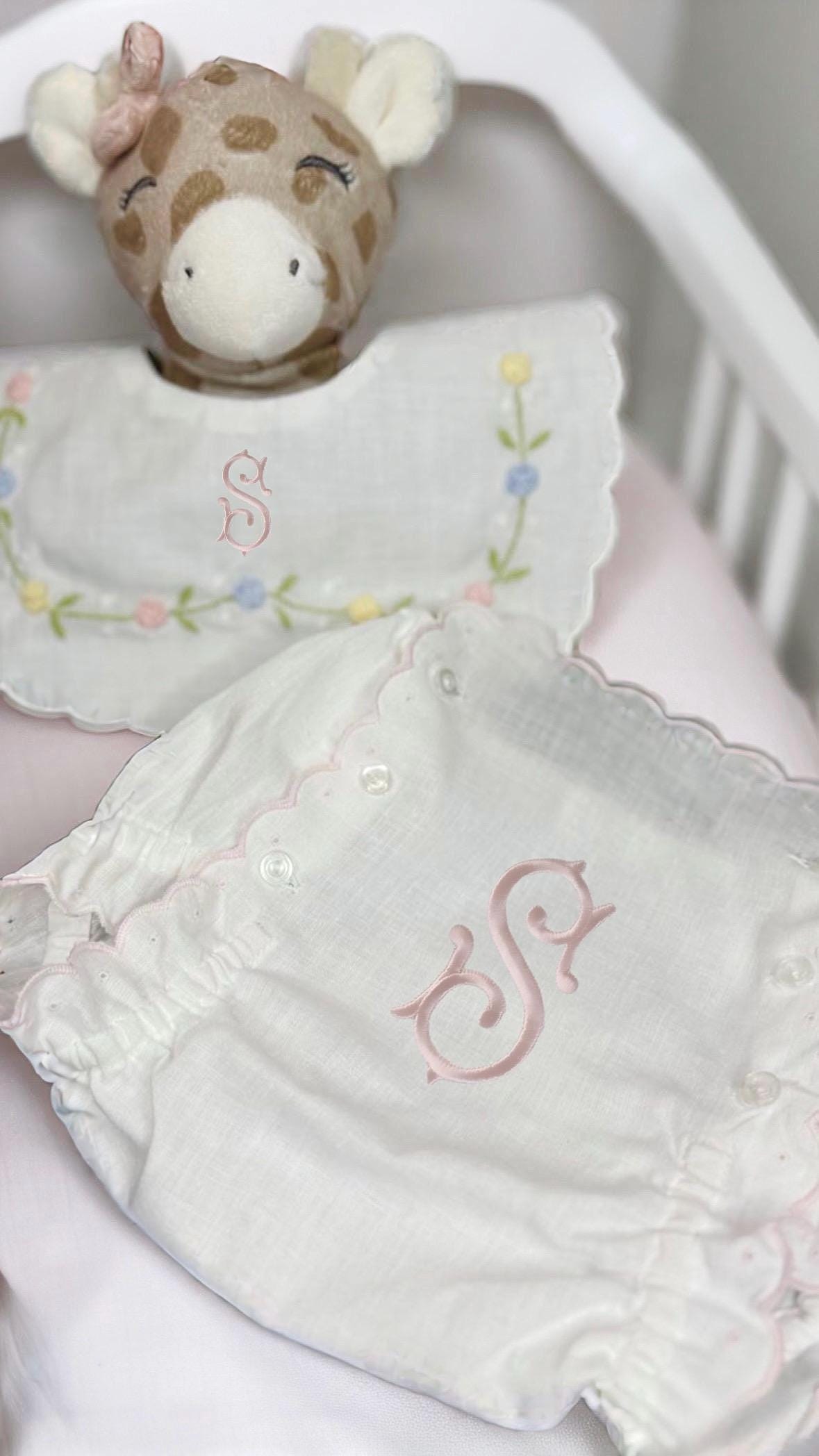 Personalized Baby Bib Pastel Roses Heirloom Linen Bib Bowknot flowers Bib God Child Baby Girl bib Christening Baptismal first birthday bib