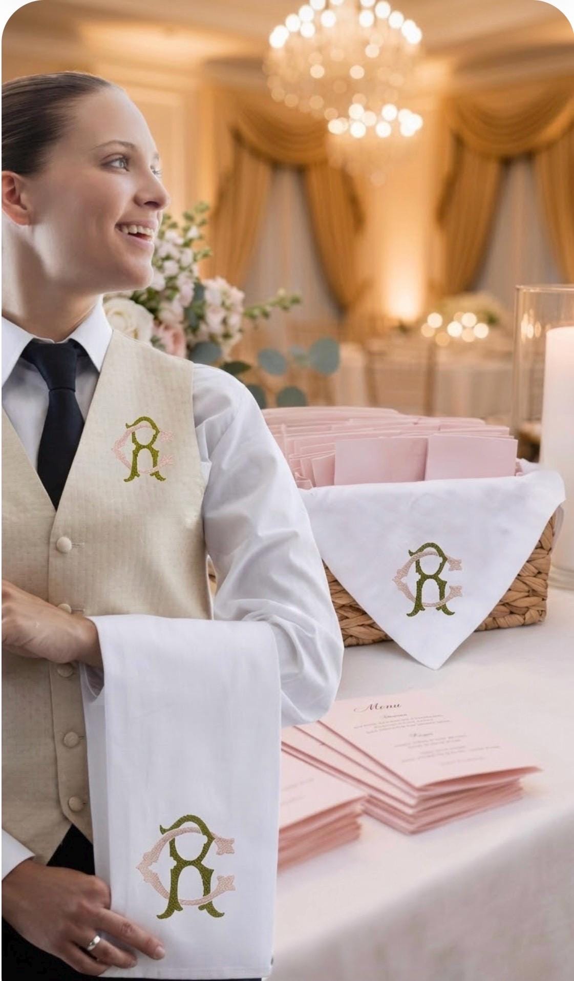 Waiter arm napkin Cloth embroidered Butler service  cloth Monogramed cotton Napkin wedding reception waitress Server Cloth Butler towel
