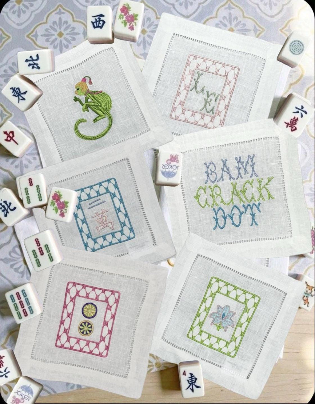 Mahjong tiles embroidered Cocktail Napkins Hand towels personalized Coasters host gift brodées Serviette en lin Aperitivo coasters