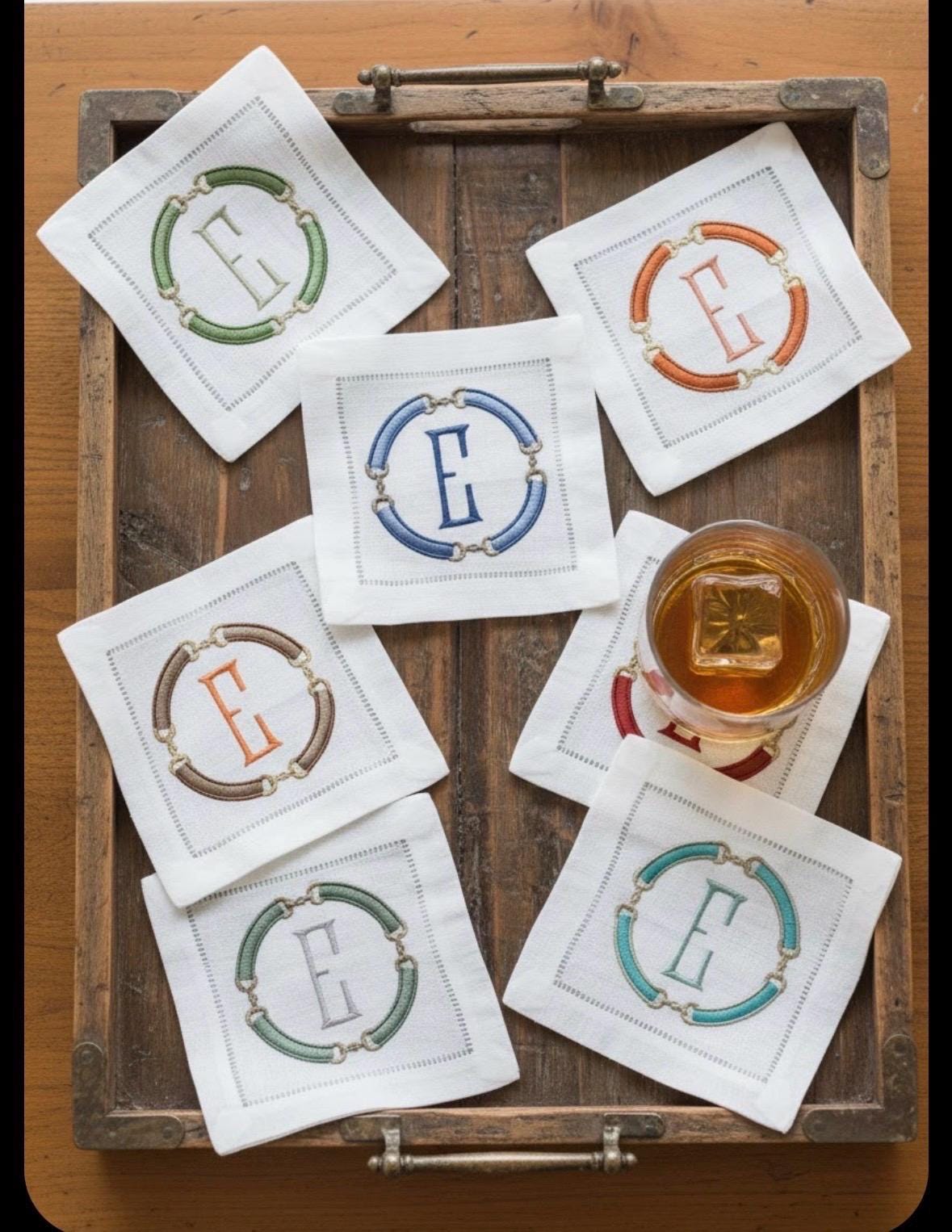 Linen Cocktail Napkins Horsebit Monogram Embroidered Equestrian horse snaffle bit linen hand towel brodées Serviette en lin/Aperitivo