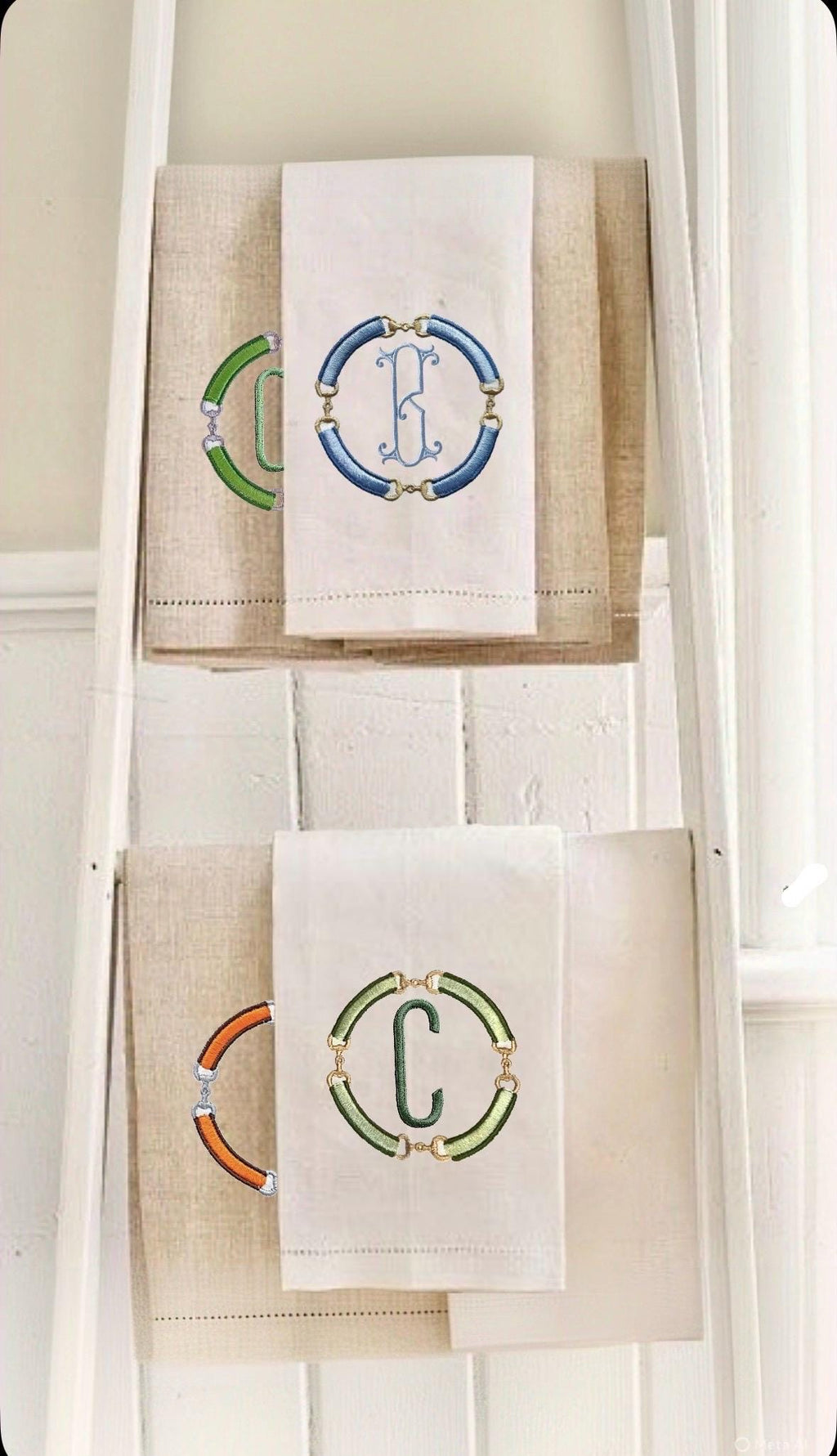 Linen Cocktail Napkins Horsebit Monogram Embroidered Equestrian horse snaffle bit linen hand towel brodées Serviette en lin/Aperitivo