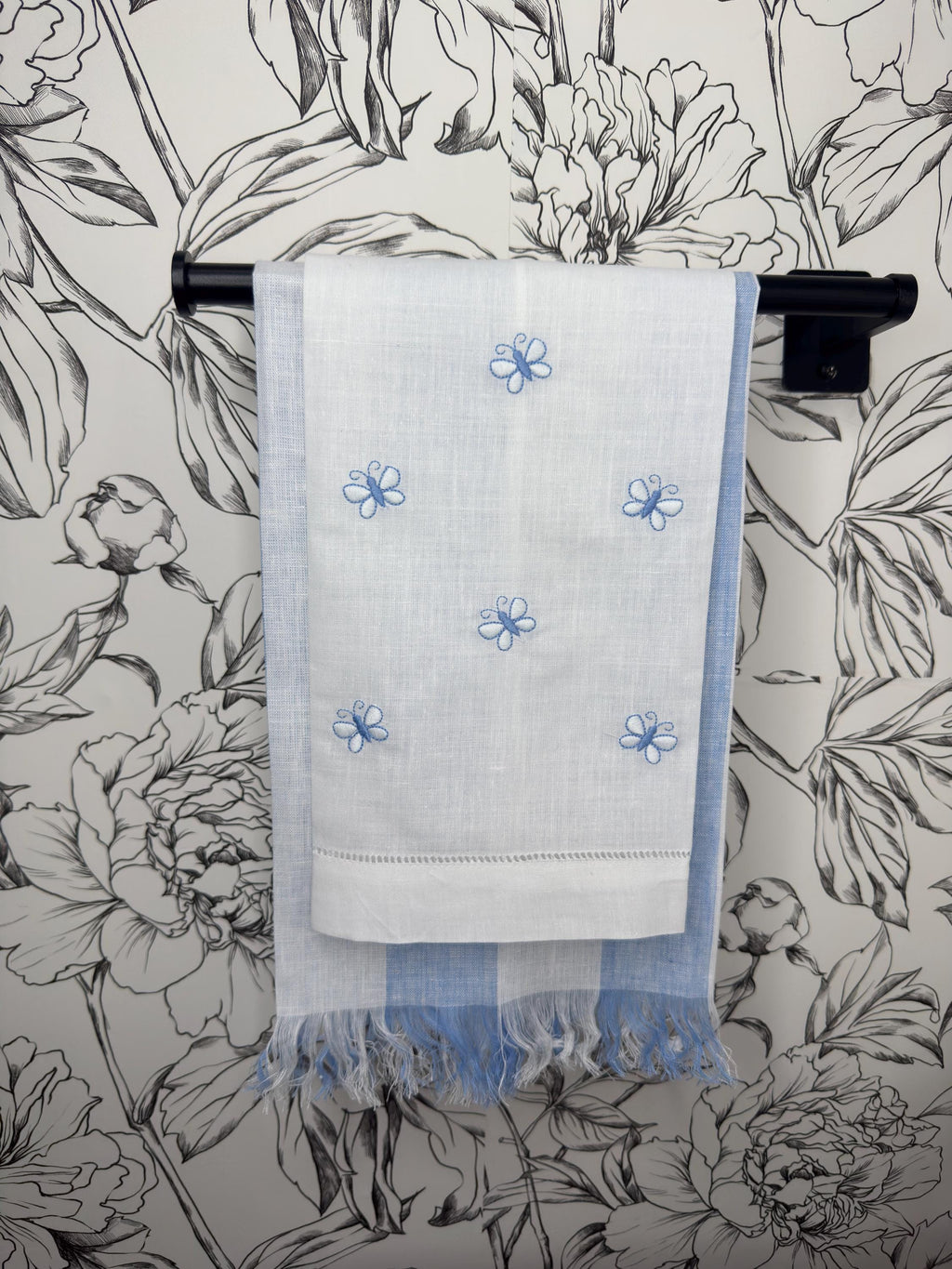 Embroidered Butterflies linen hand towel Embroidered blue butterflies tea towel Bathroom decor