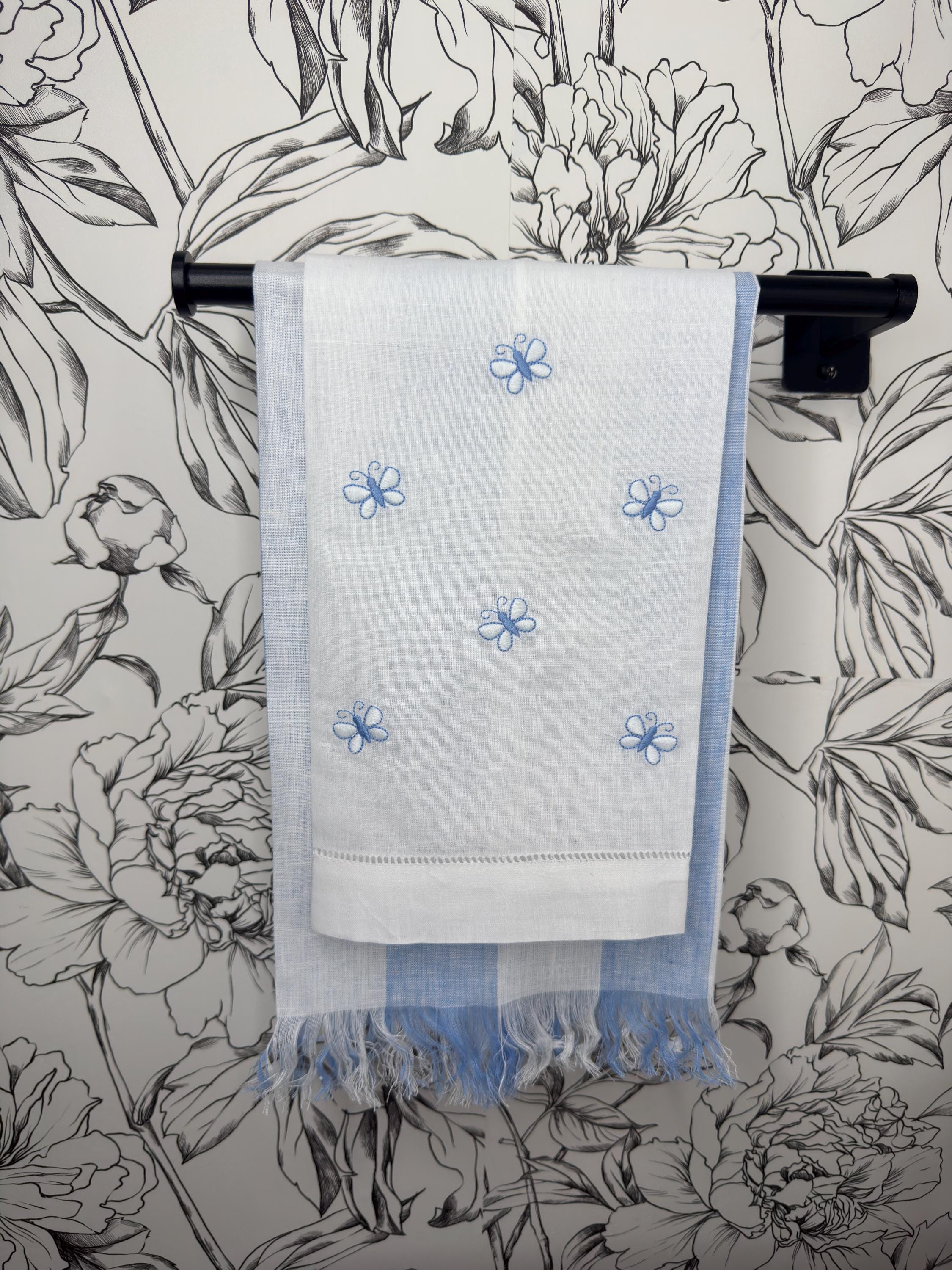 Embroidered Butterflies linen hand towel Embroidered blue butterflies tea towel Bathroom decor