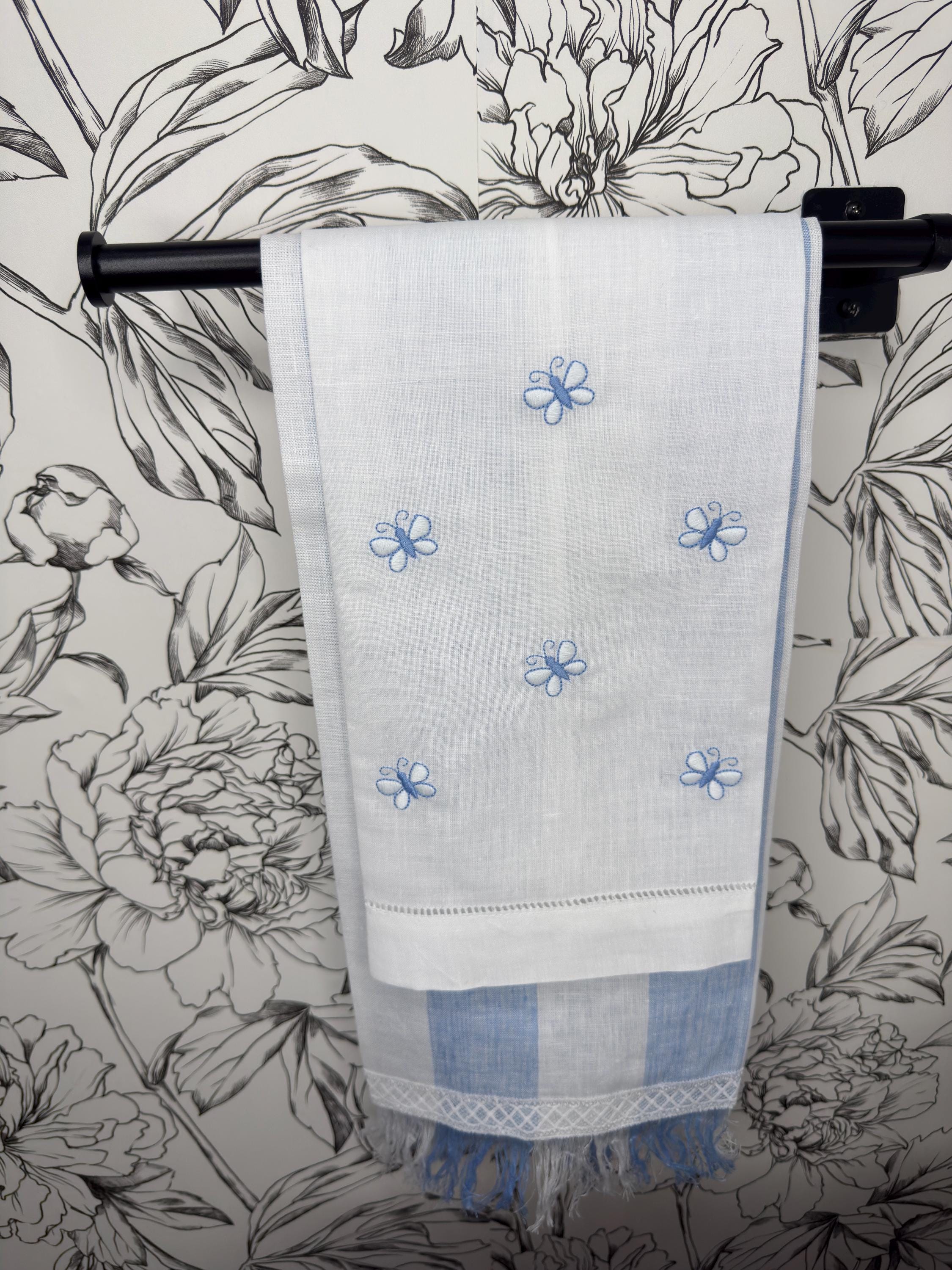 Embroidered Butterflies linen hand towel Embroidered blue butterflies tea towel Bathroom decor
