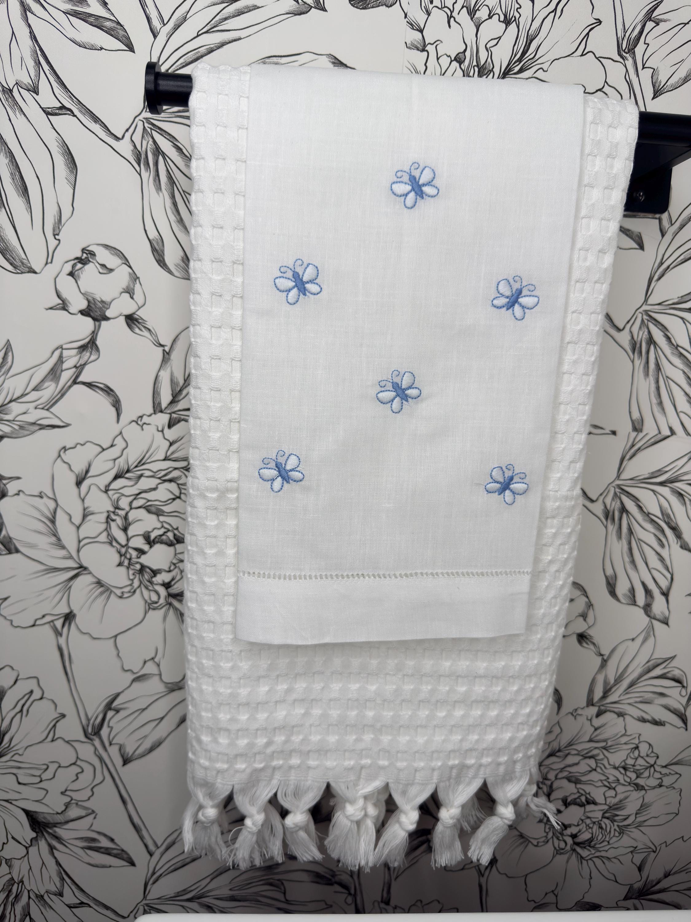 Embroidered Butterflies linen hand towel Embroidered blue butterflies tea towel Bathroom decor