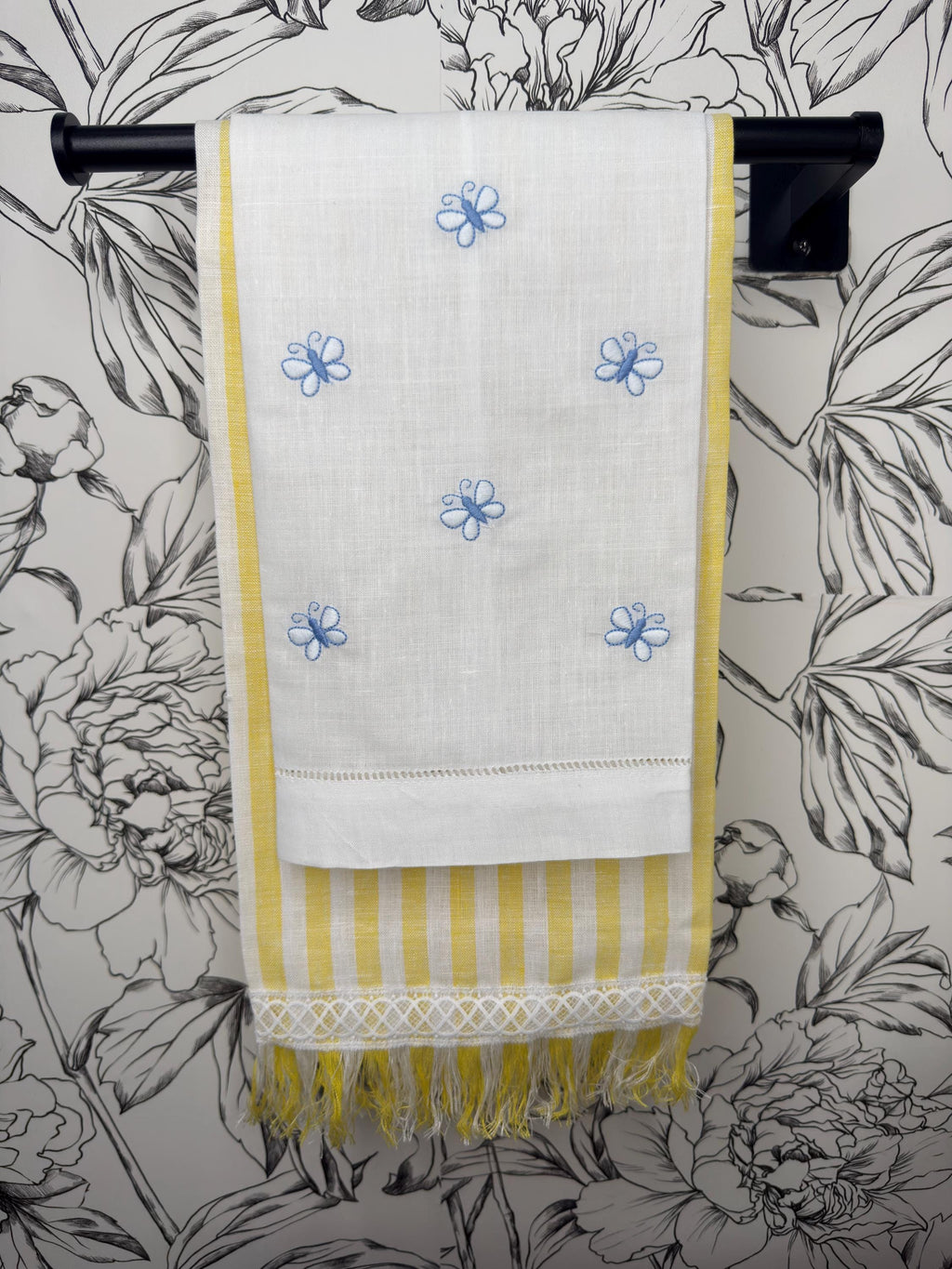 Embroidered Butterflies linen hand towel Embroidered blue butterflies tea towel Bathroom decor