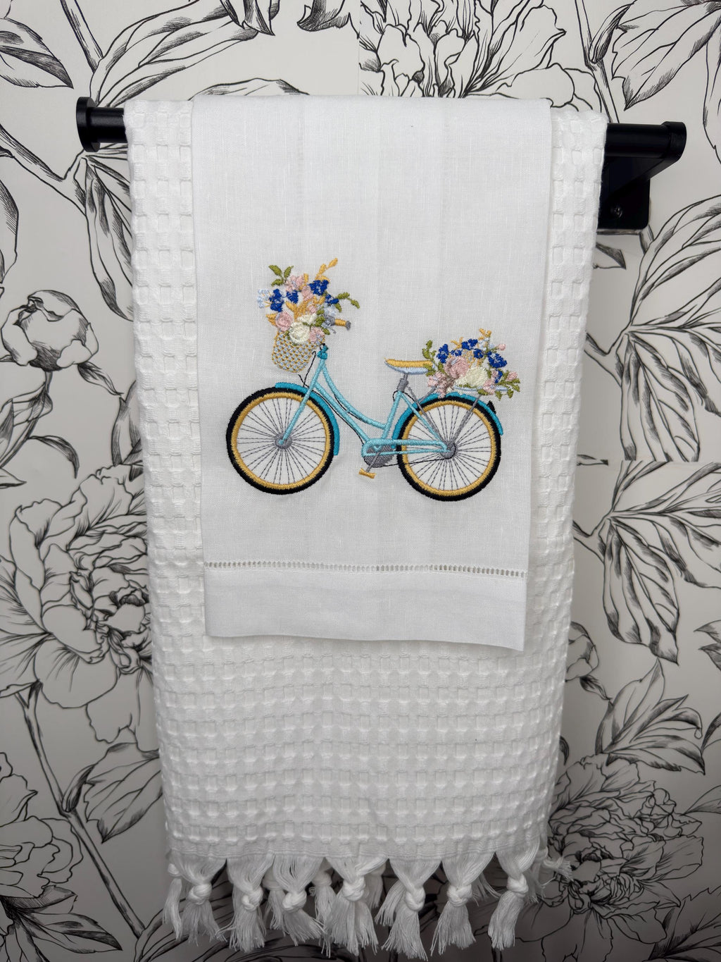 Bicycle & floral basket embroidered towel Personalized towel embroidered girls bike and flower basket towel bathroom decor unique gifts