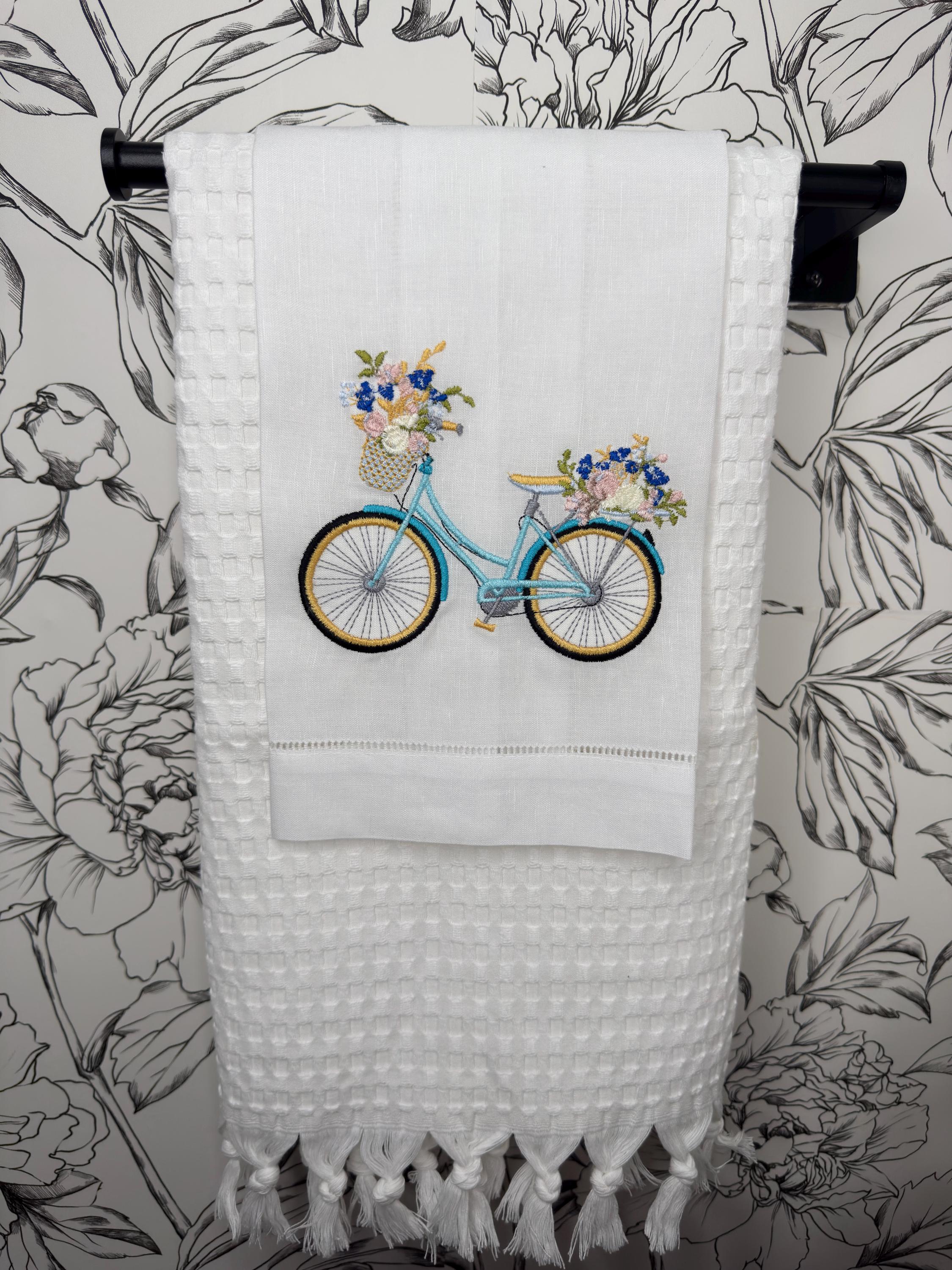 Bicycle & floral basket embroidered towel Personalized towel embroidered girls bike and flower basket towel bathroom decor unique gifts