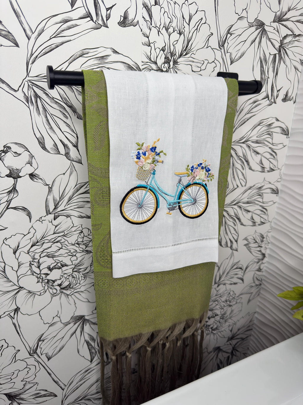 Bicycle & floral basket embroidered towel Personalized towel embroidered girls bike and flower basket towel bathroom decor unique gifts