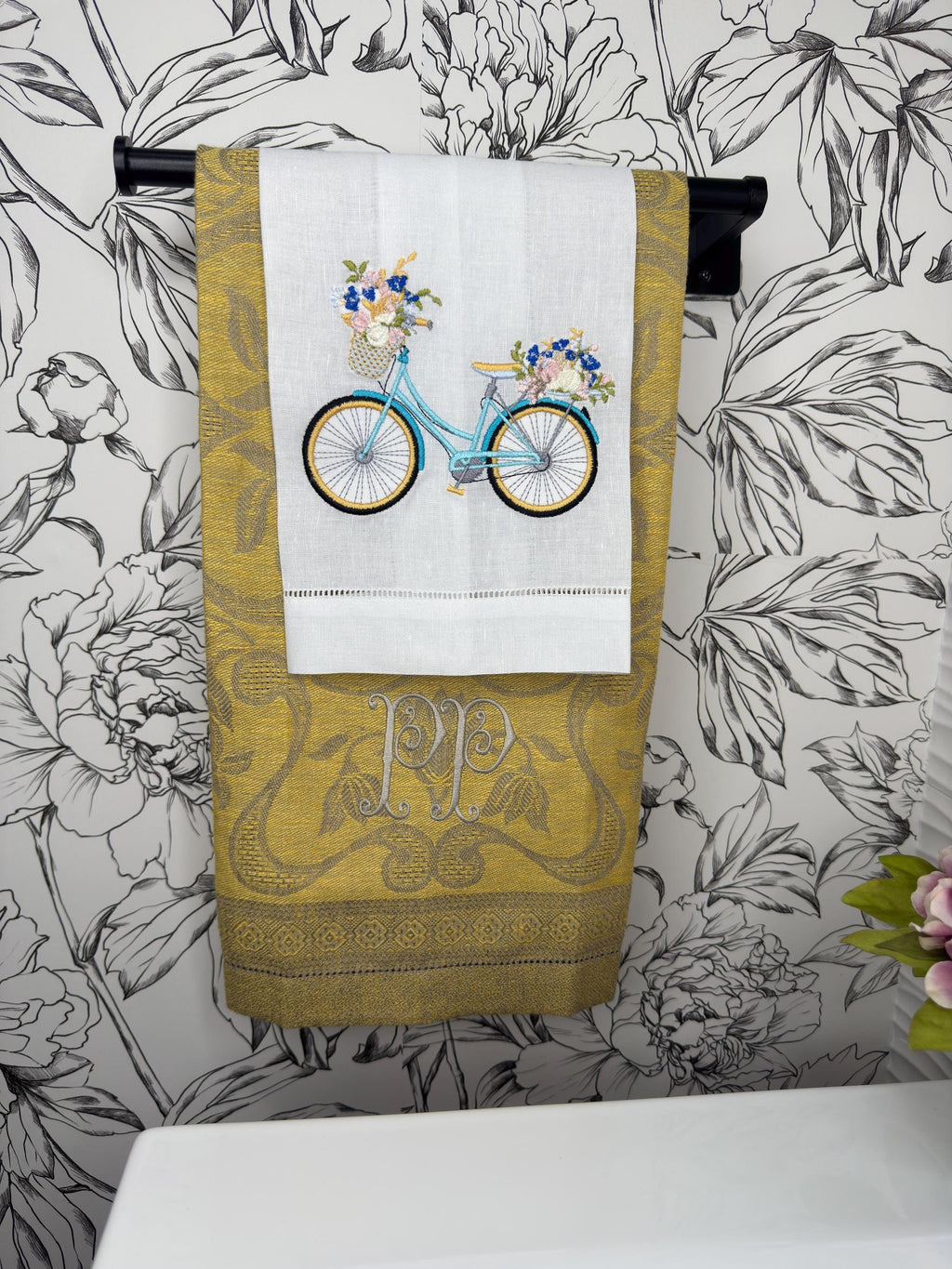 Bicycle & floral basket embroidered towel Personalized towel embroidered girls bike and flower basket towel bathroom decor unique gifts