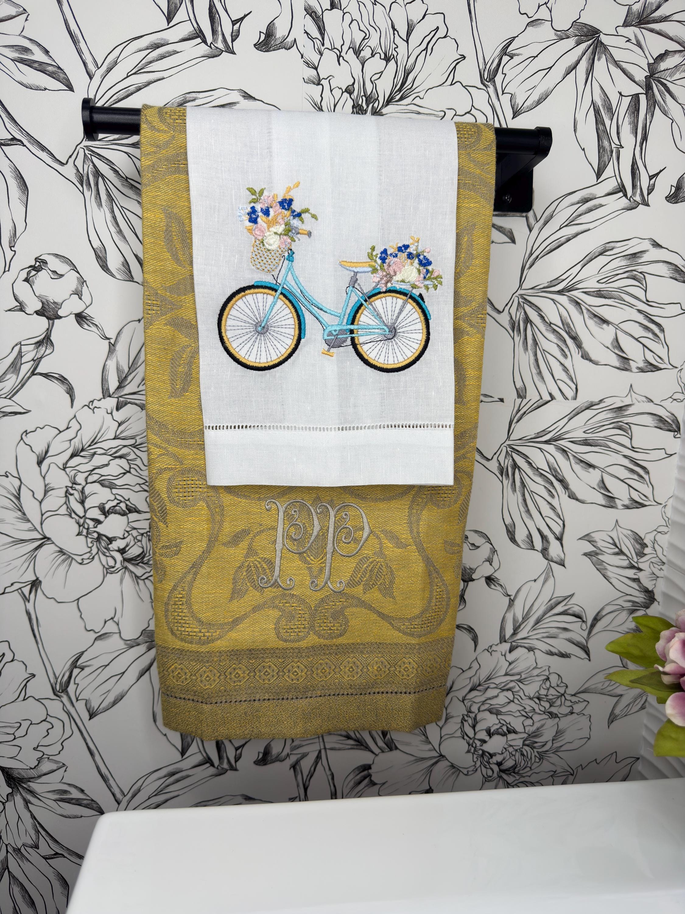 Bicycle & floral basket embroidered towel Personalized towel embroidered girls bike and flower basket towel bathroom decor unique gifts