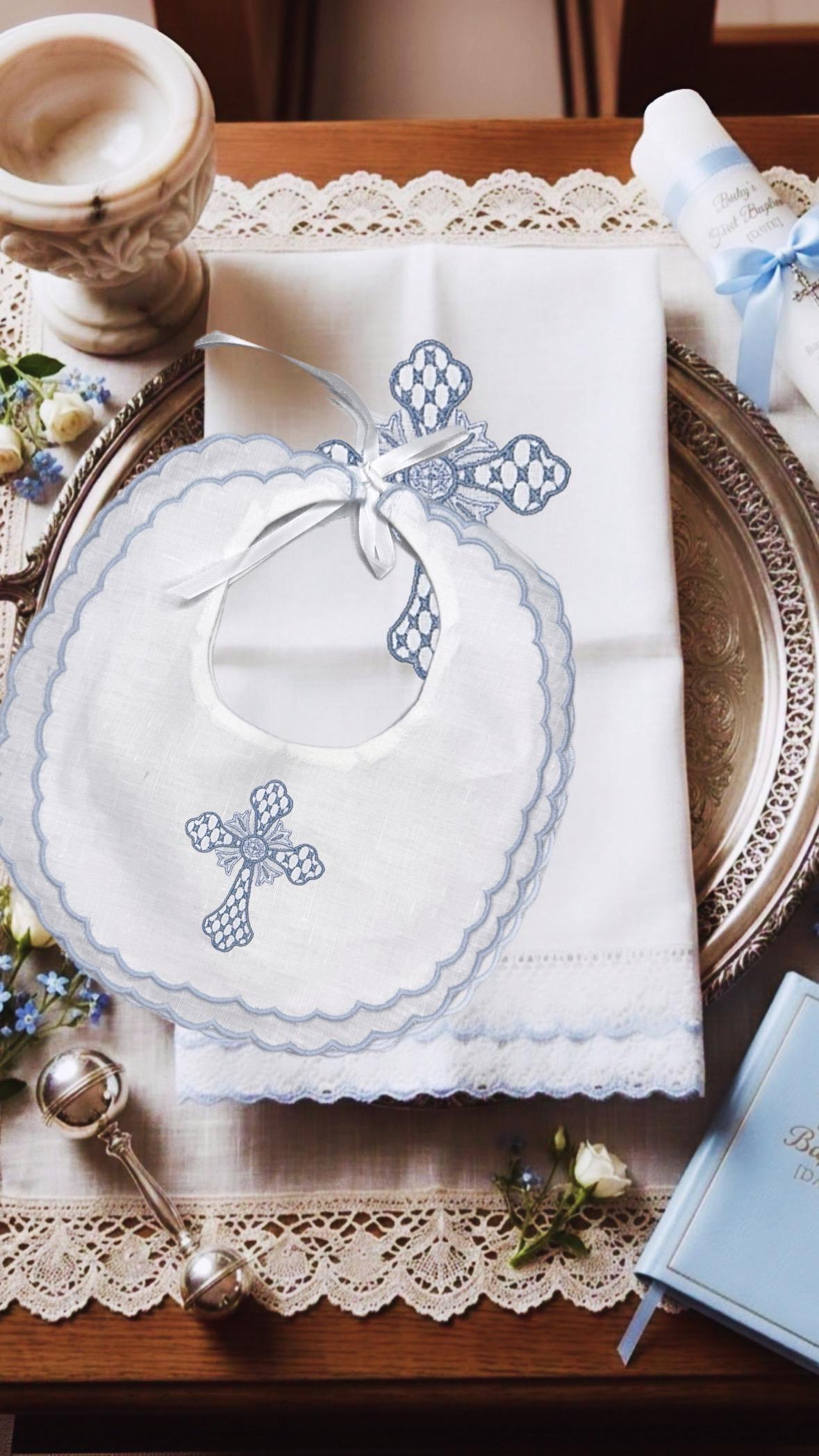 Personalized Baby Bib Double Scalloped Heirloom SwissDot Linen Bib God Child Baby Boy Baby Girl Christening Baptismal first birthday bib