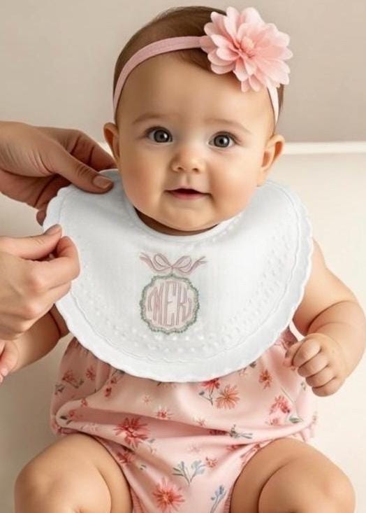 Personalized Baby Bib Double Scalloped Heirloom SwissDot Linen Bib God Child Baby Boy Baby Girl Christening Baptismal first birthday bib