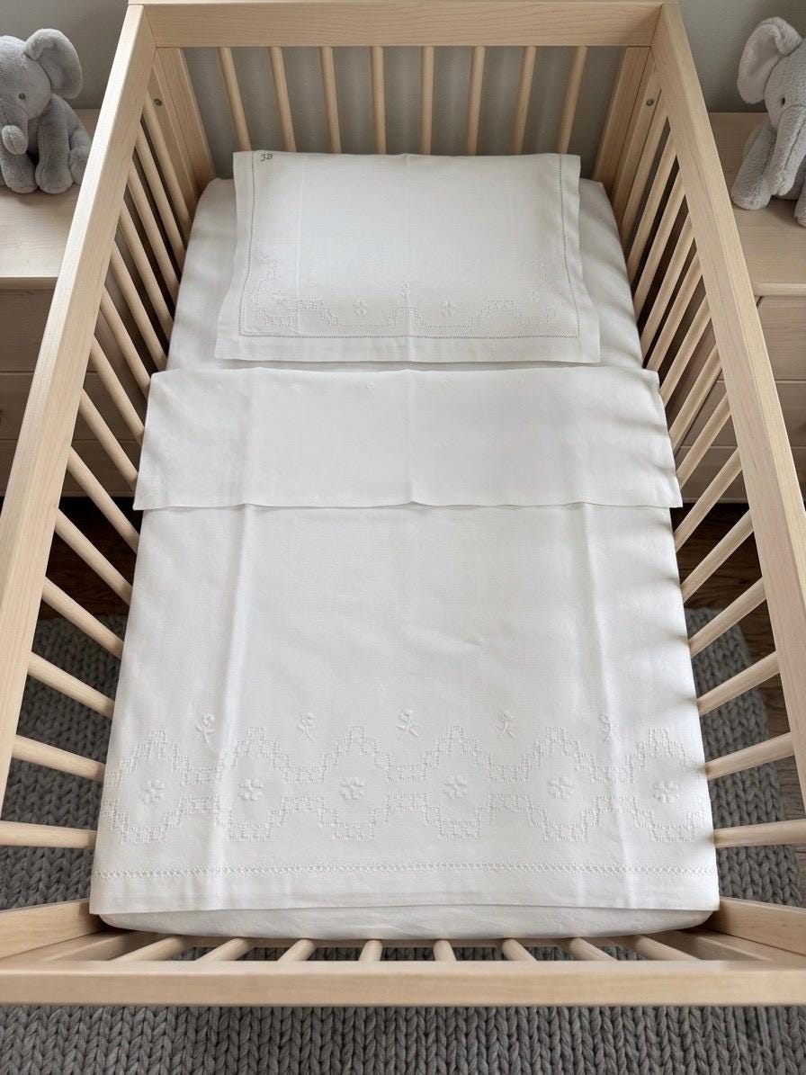 Baby Crib sheet set linen baby flat sheet and pillow embroidered bows and flowers baby bedding