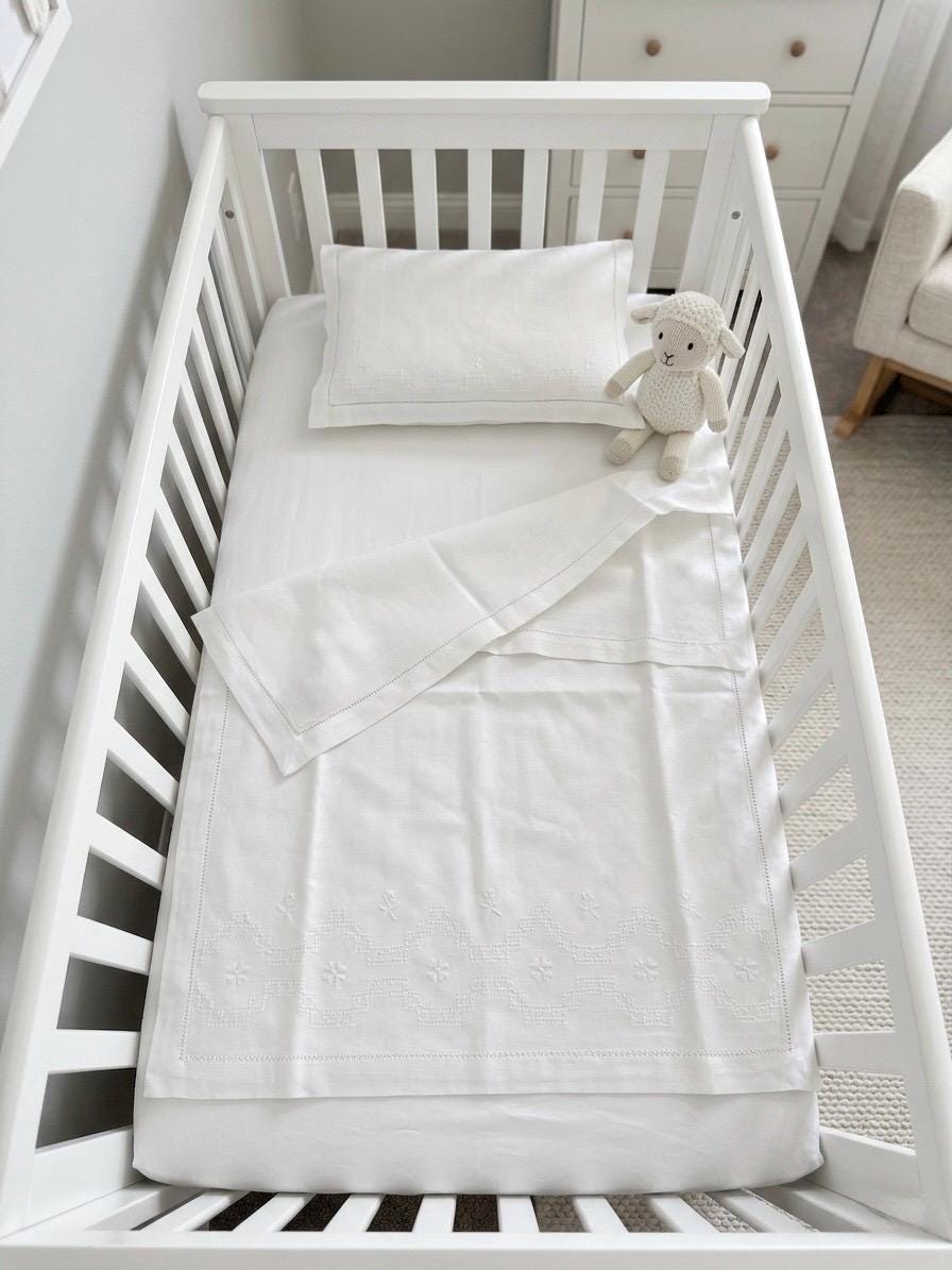 Baby Crib sheet set linen baby flat sheet and pillow embroidered bows and flowers baby bedding