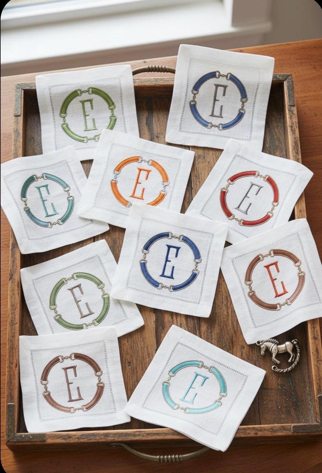 Linen Cocktail Napkins Horsebit Monogram Embroidered Equestrian horse snaffle bit linen hand towel brodées Serviette en lin/Aperitivo
