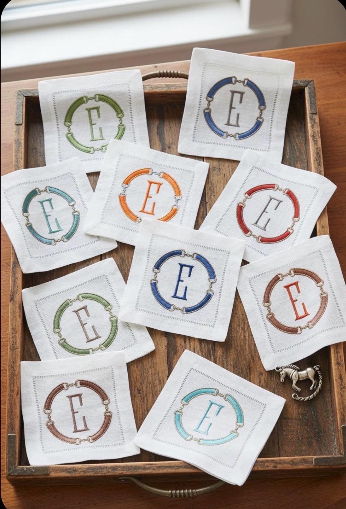 Linen Cocktail Napkins Horsebit Monogram Embroidered Equestrian horse snaffle bit linen hand towel brodées Serviette en lin/Aperitivo