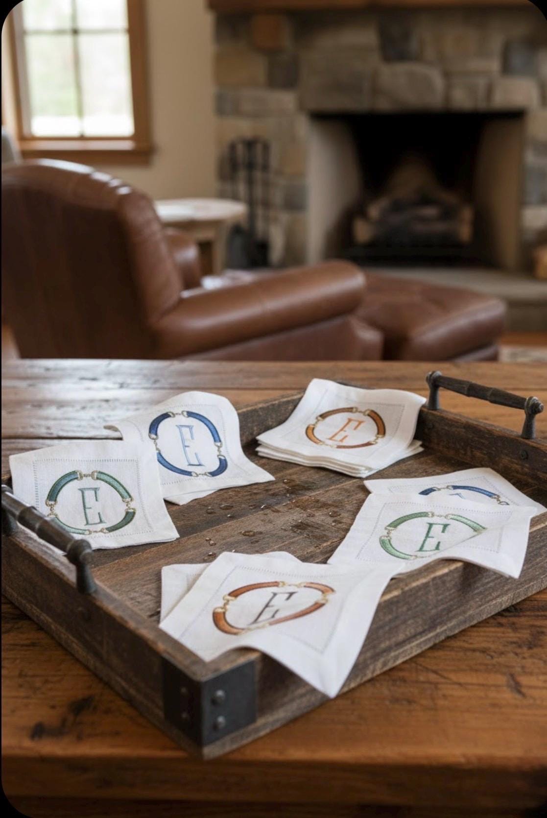 Linen Cocktail Napkins Horsebit Monogram Embroidered Equestrian horse snaffle bit linen hand towel brodées Serviette en lin/Aperitivo