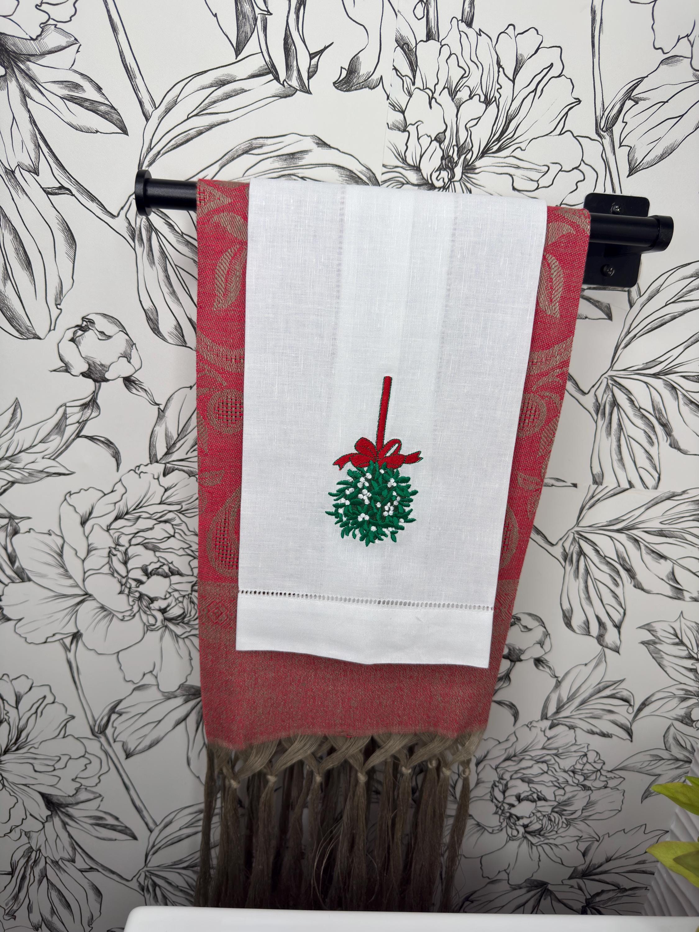 Christmas embroidered linen guest towel Personalized holiday mistletoe bathroom decor festive embroidery designs hand towels guest bathroom