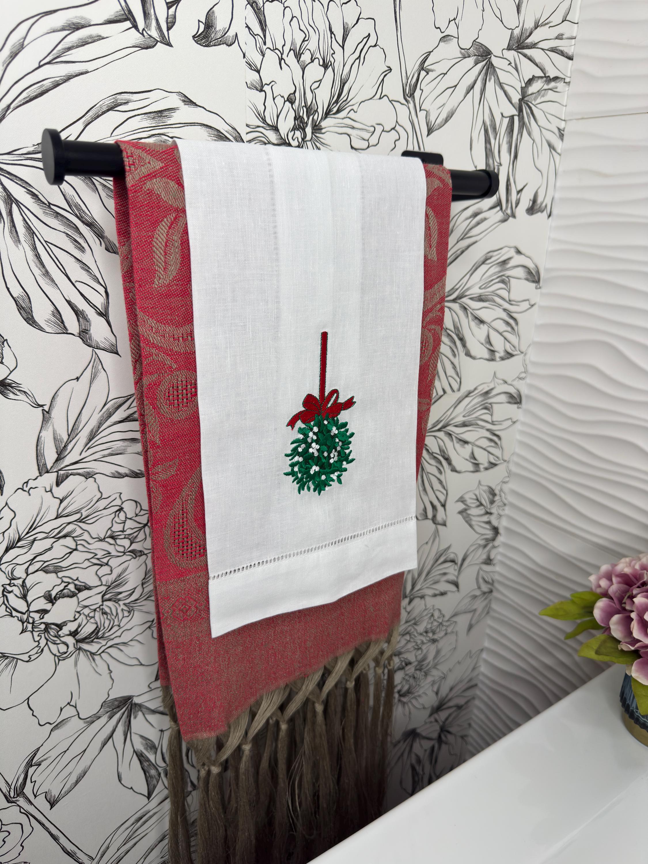 Christmas embroidered linen guest towel Personalized holiday mistletoe bathroom decor festive embroidery designs hand towels guest bathroom