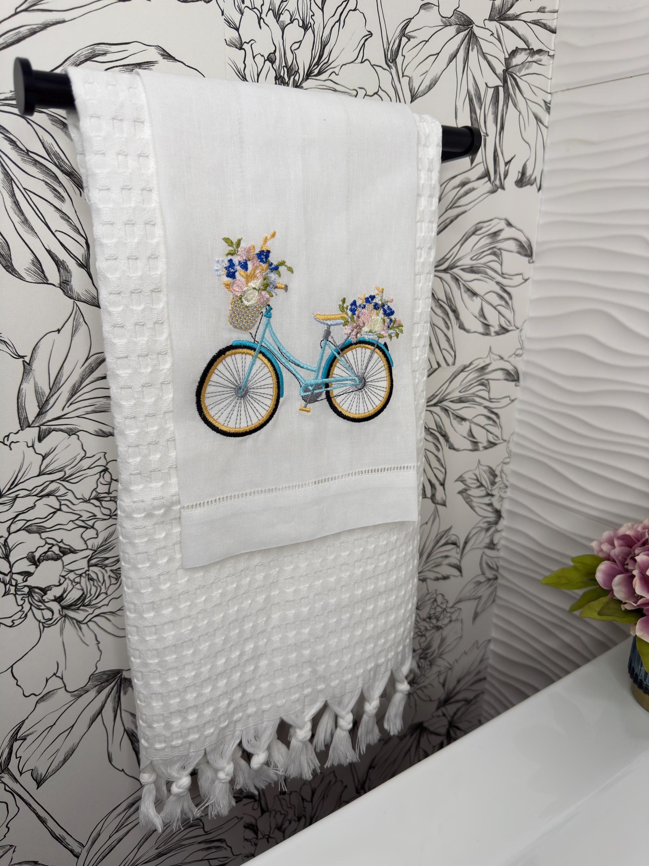 Bicycle & floral basket embroidered towel Personalized towel embroidered girls bike and flower basket towel bathroom decor unique gifts